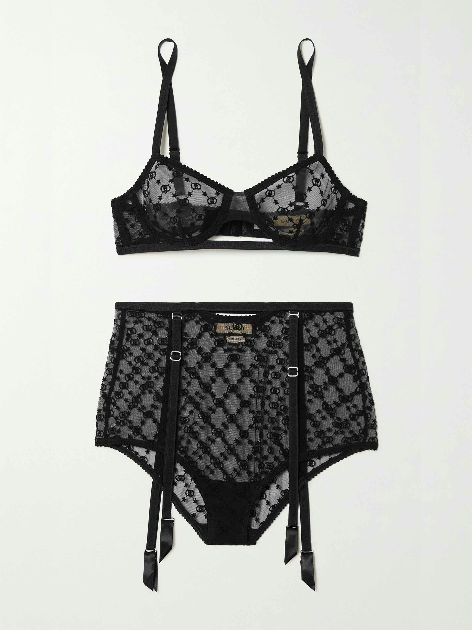 Black embroidered tulle bra and briefs set