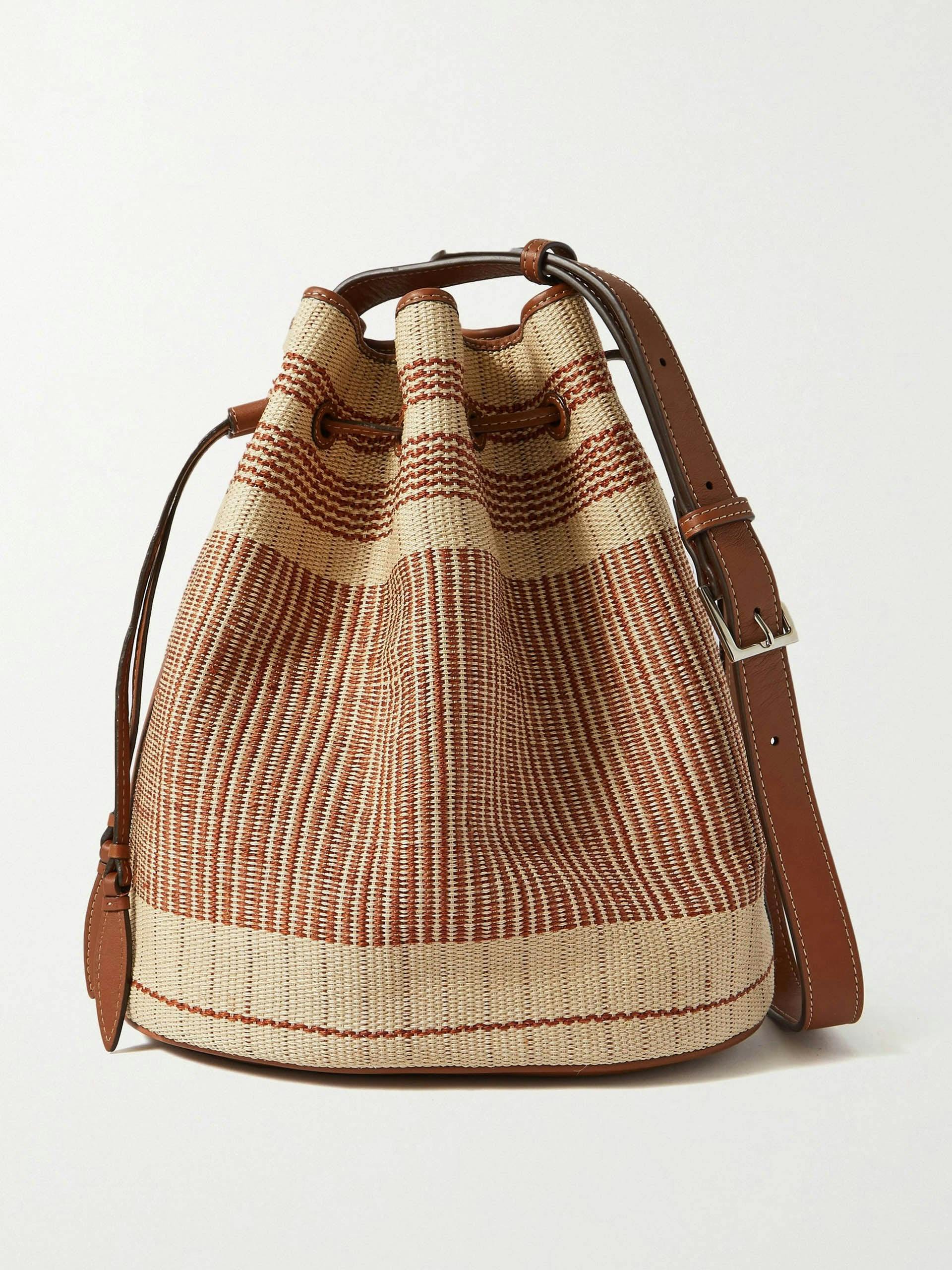 Brown striped leather-trimmed cotton bucket bag