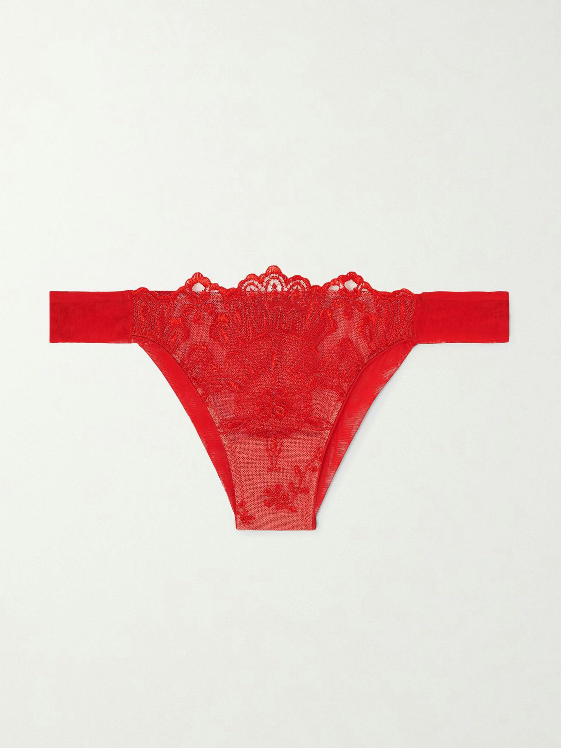 Crossette embroidered tulle thong