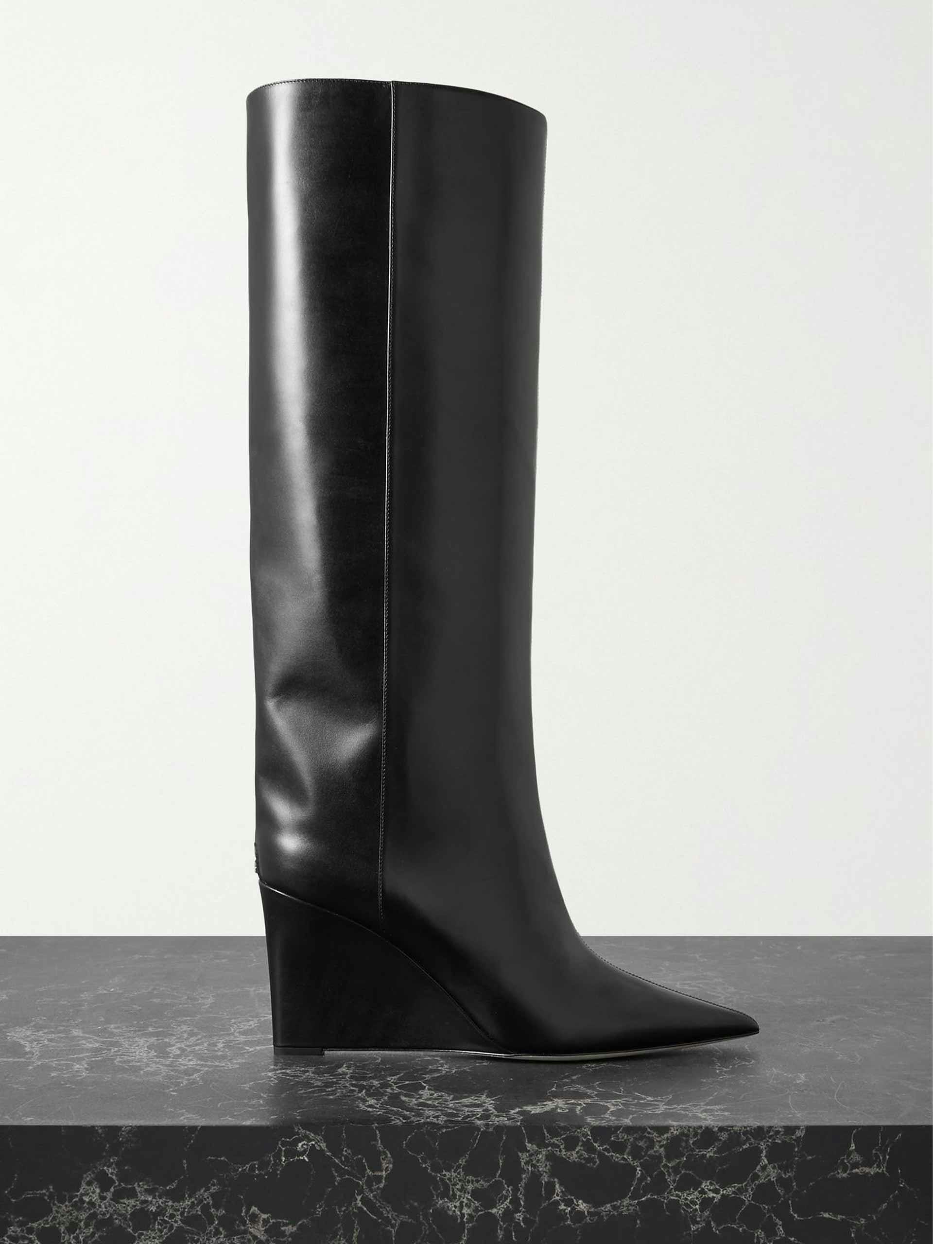 Black leather wedge knee boots