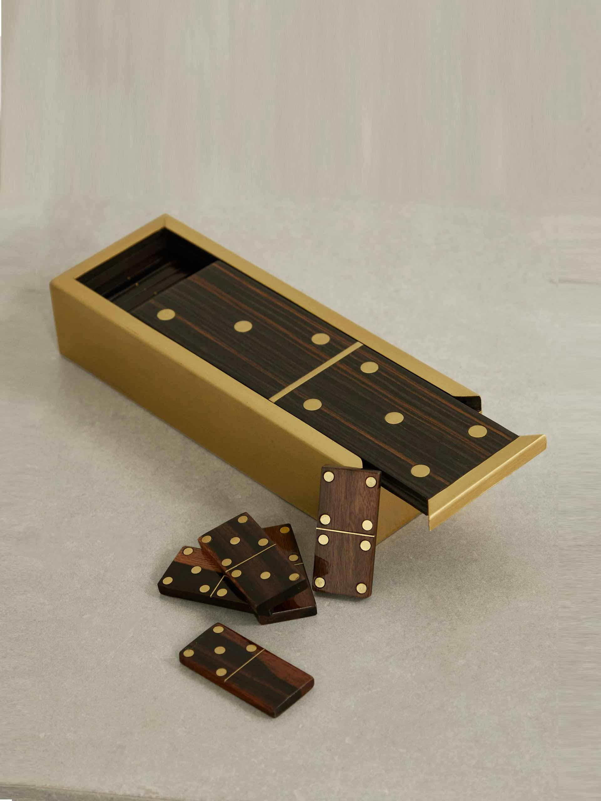 Deco wood and brass dominoes set