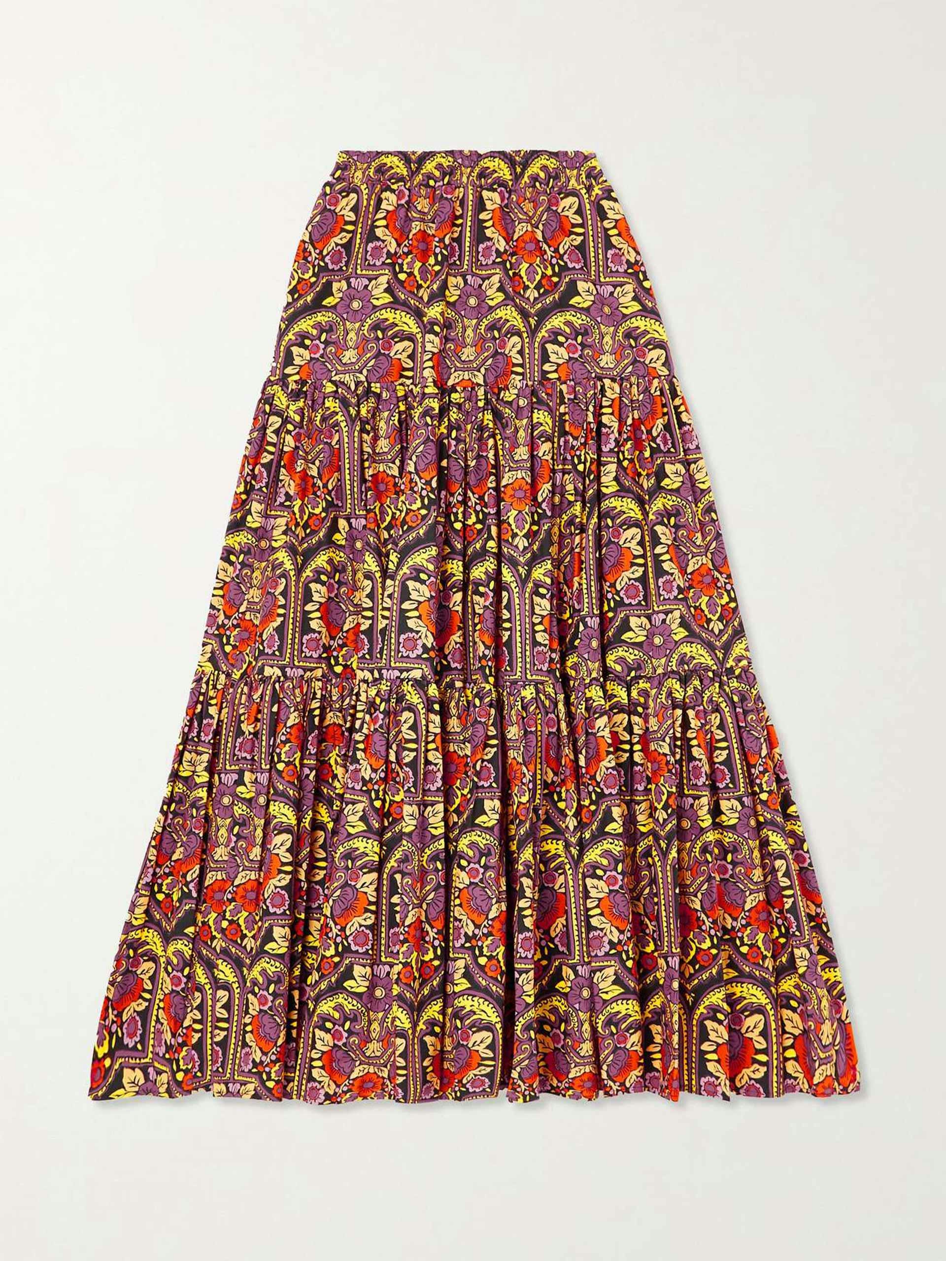 Tiered printed cotton-poplin maxi skirt