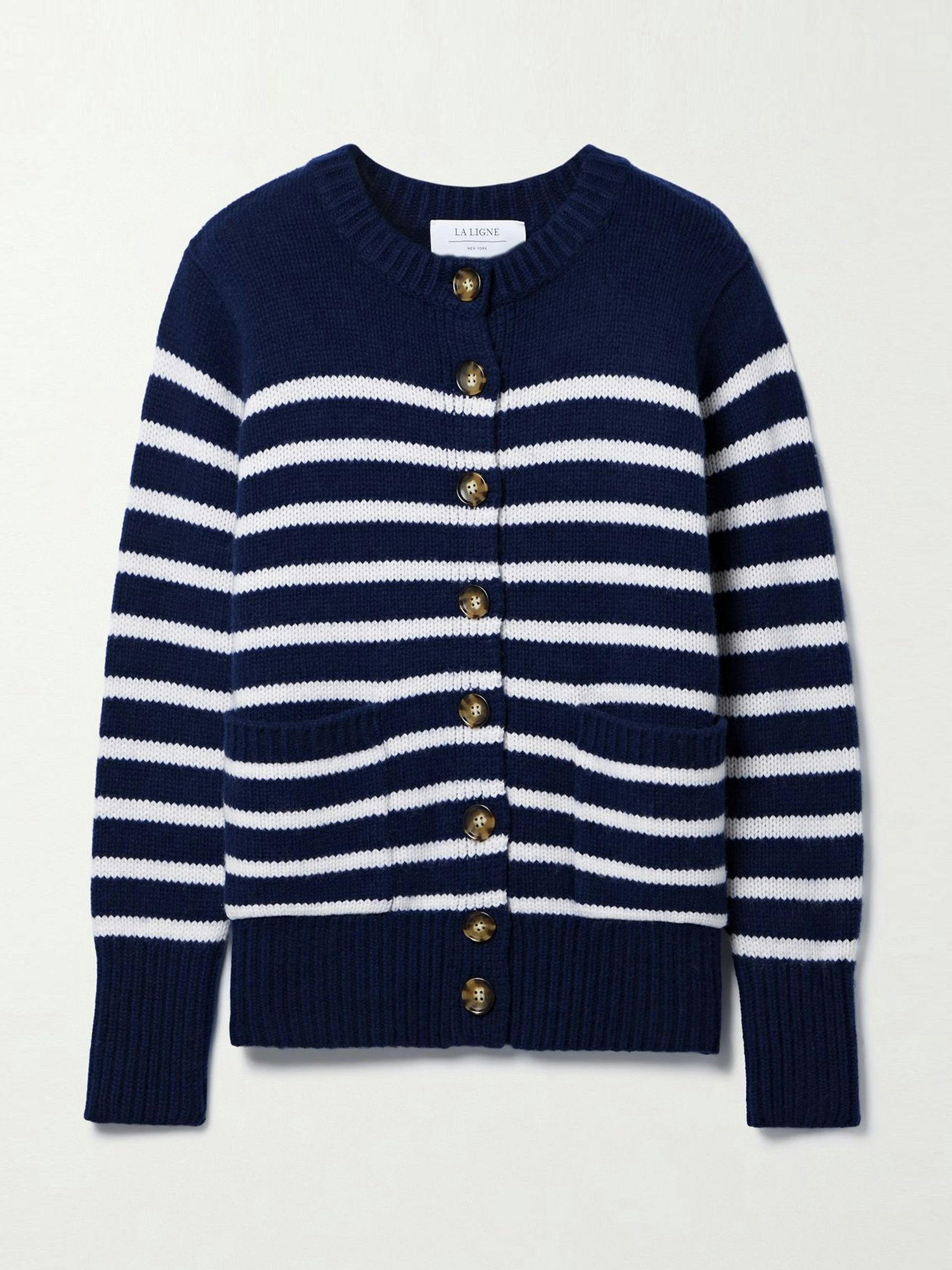 Navy striped wool and cashmere-blend cardigan