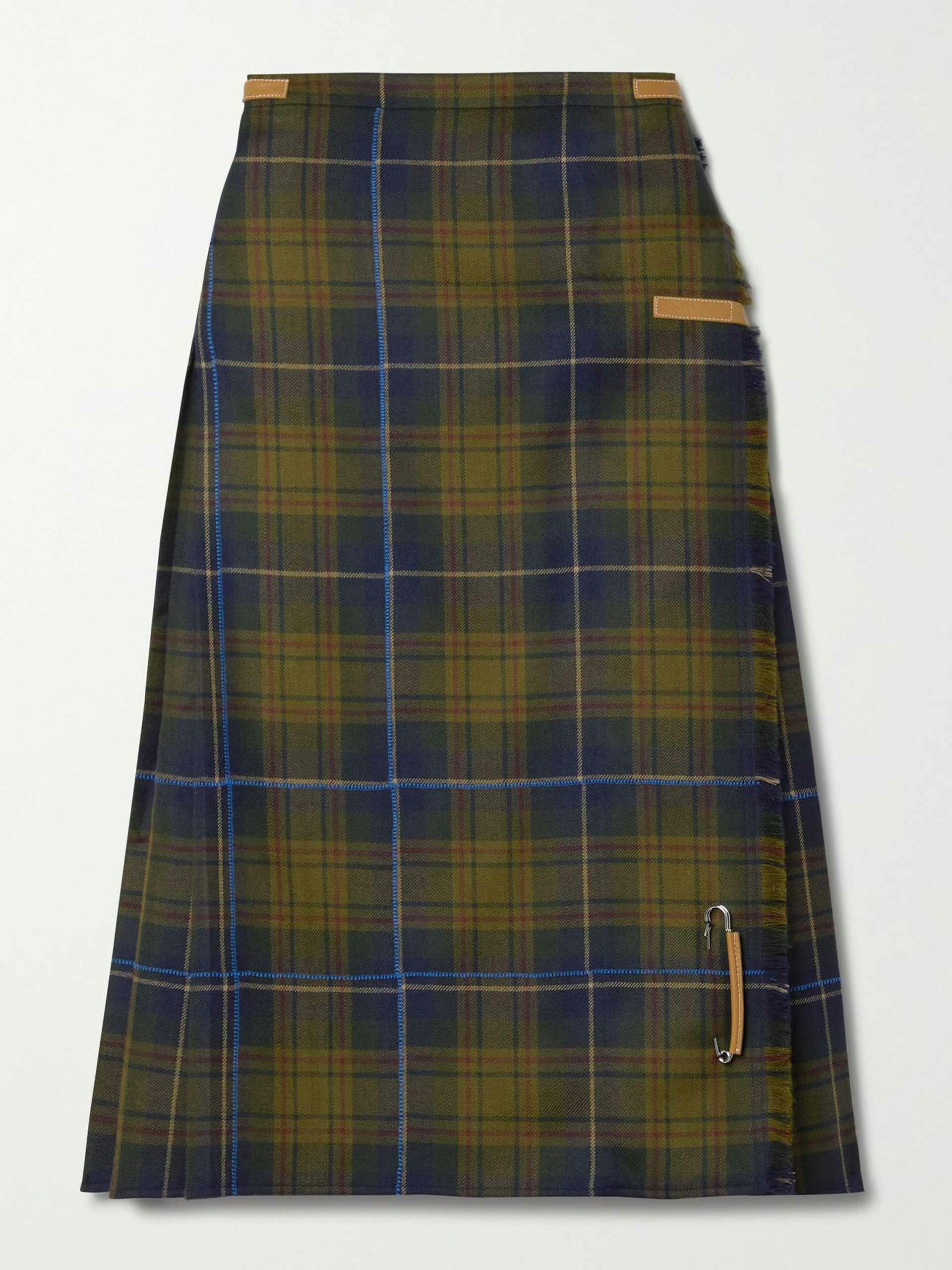 Leather-trimmed, checked wool midi kilt