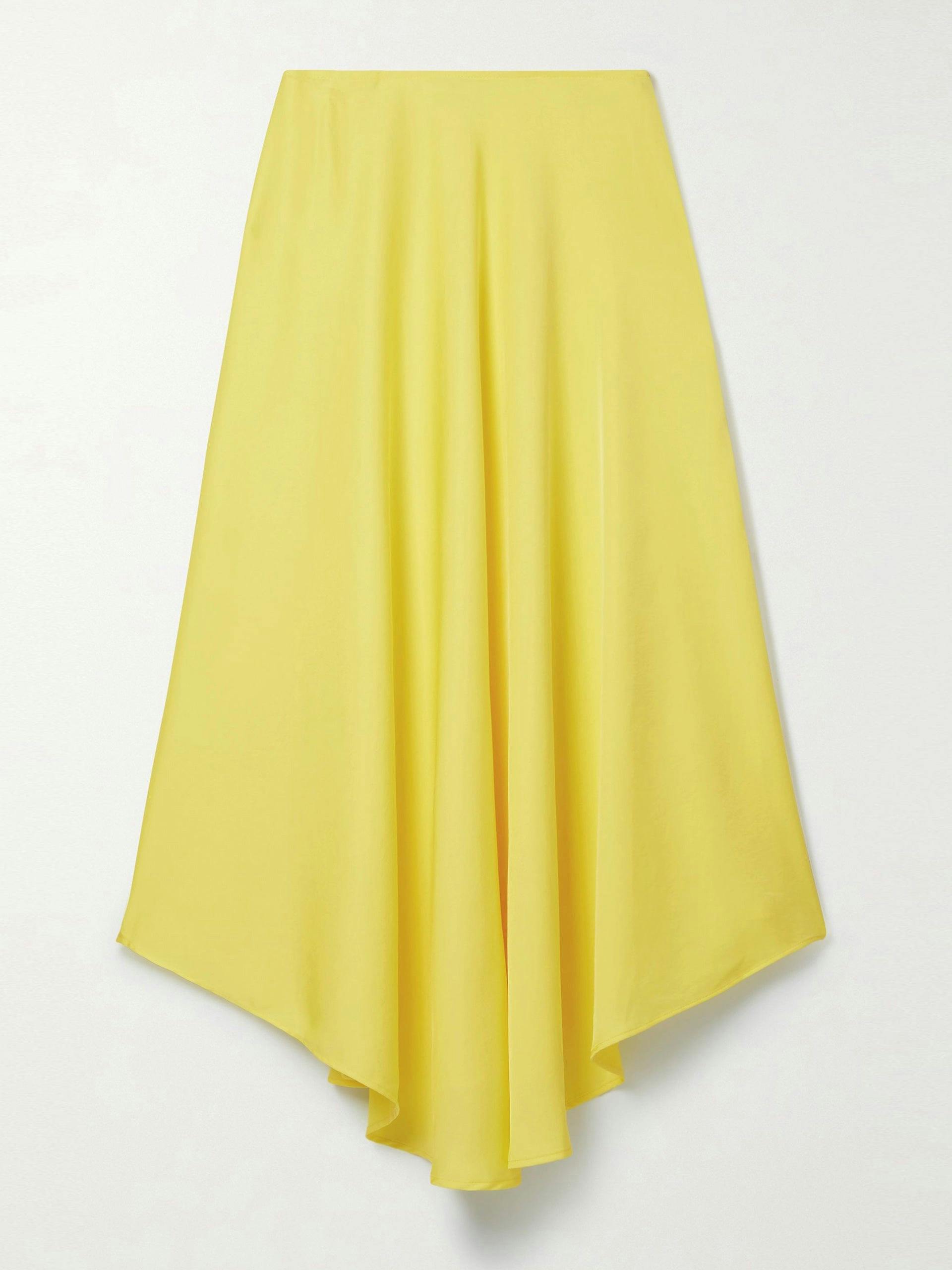 Yellow textured-satin midi skirt