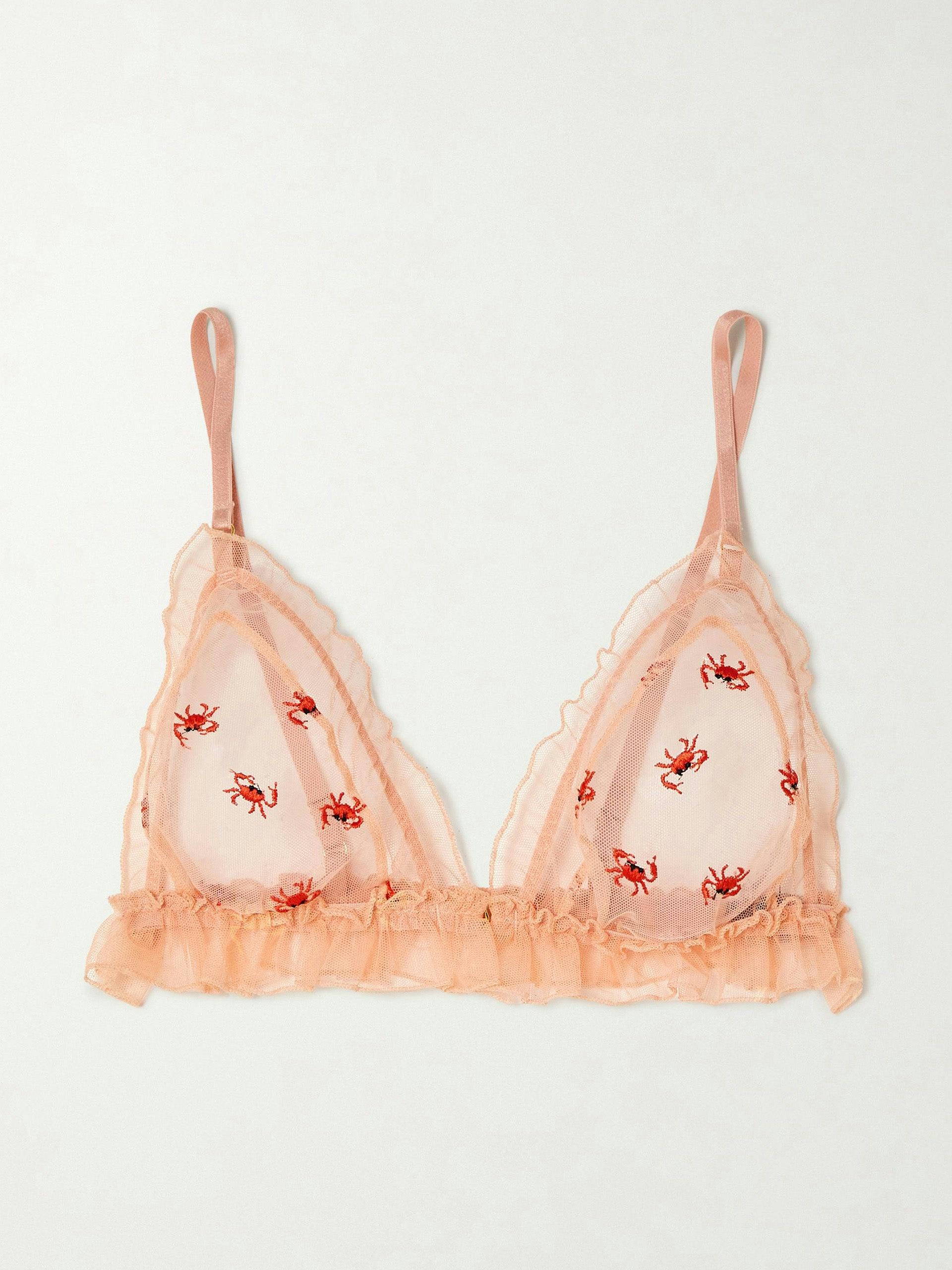 Crab ruffled embroidered soft-cup triangle bra