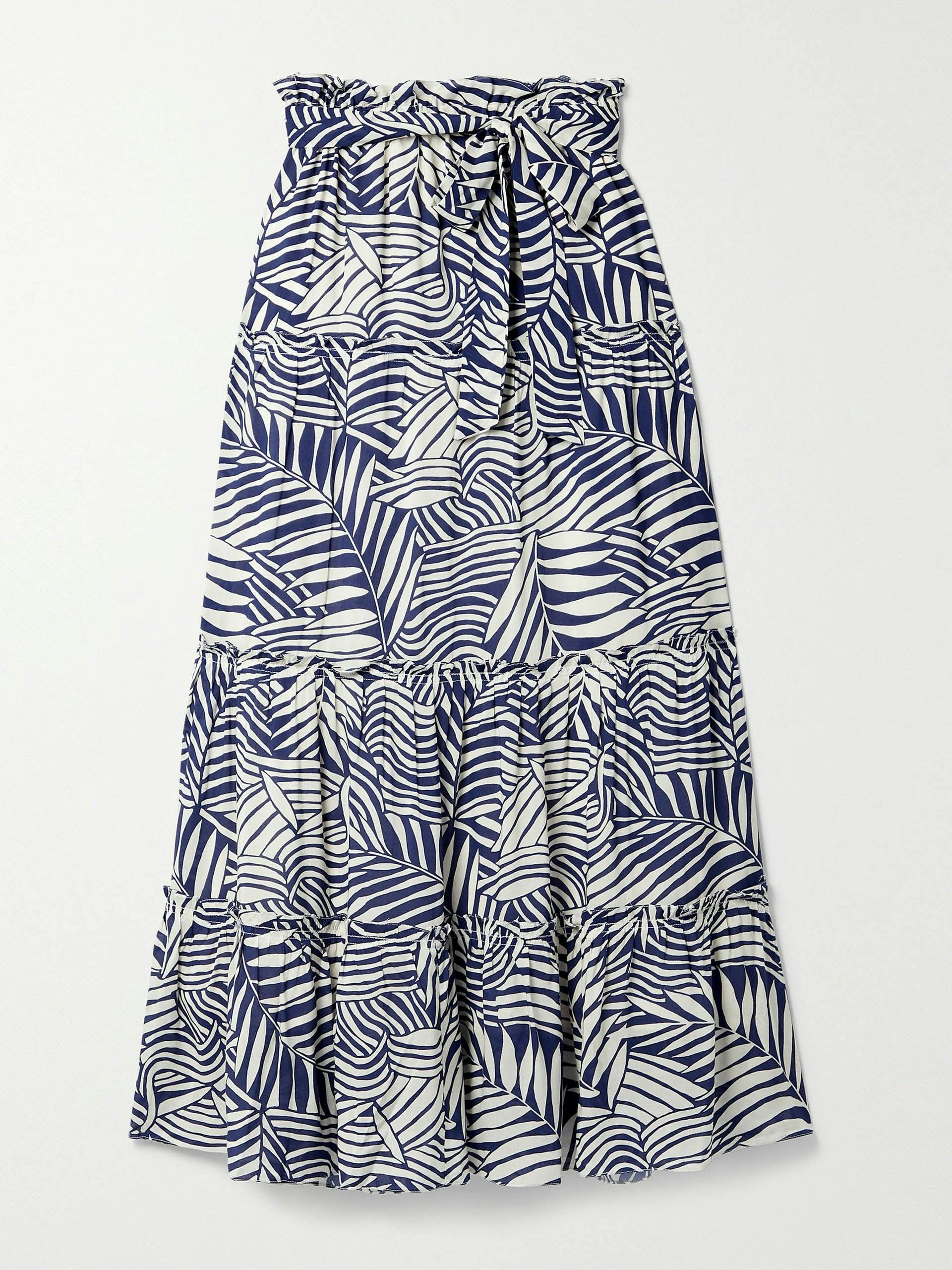 Blue and white printed tiered skirt
