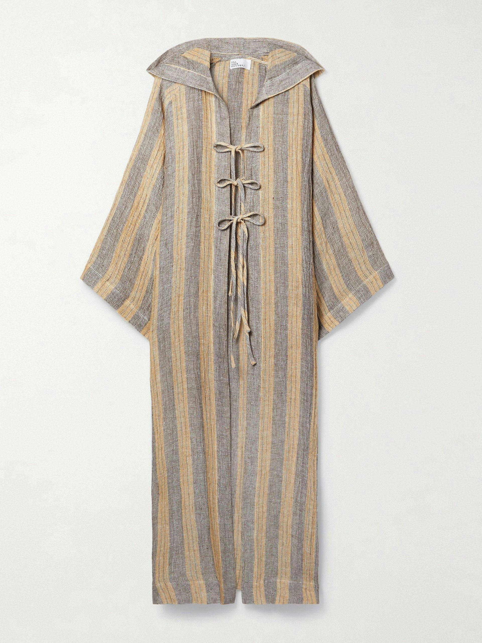 Striped linen-blend cotton hooded coverup