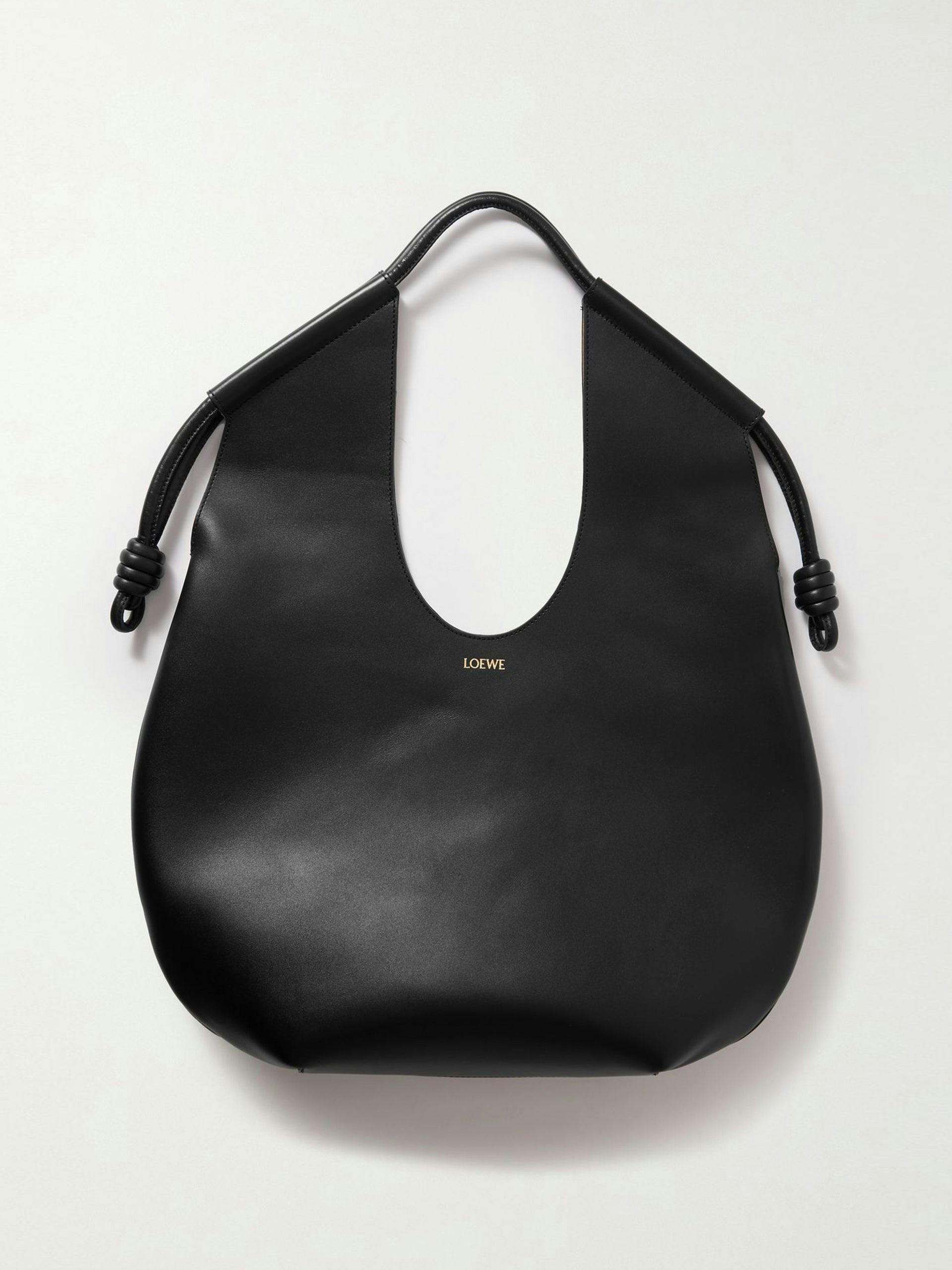 Curved leather tote with knotted handles