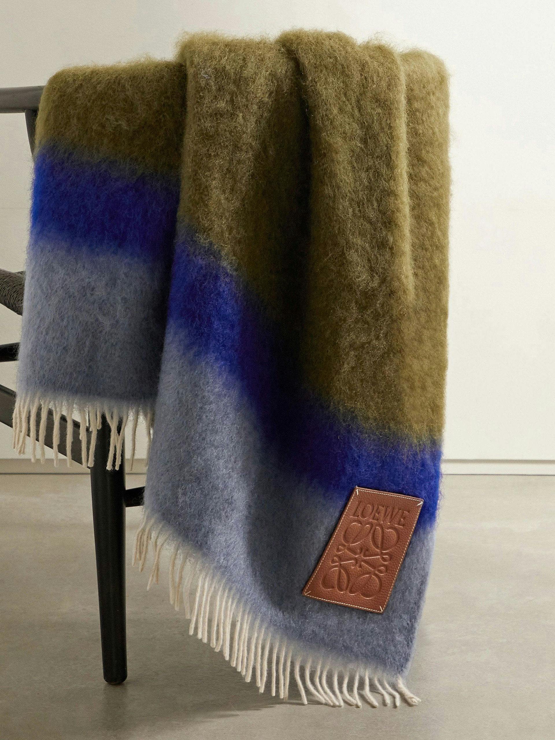 Leather-trimmed fringed striped mohair-blend blanket