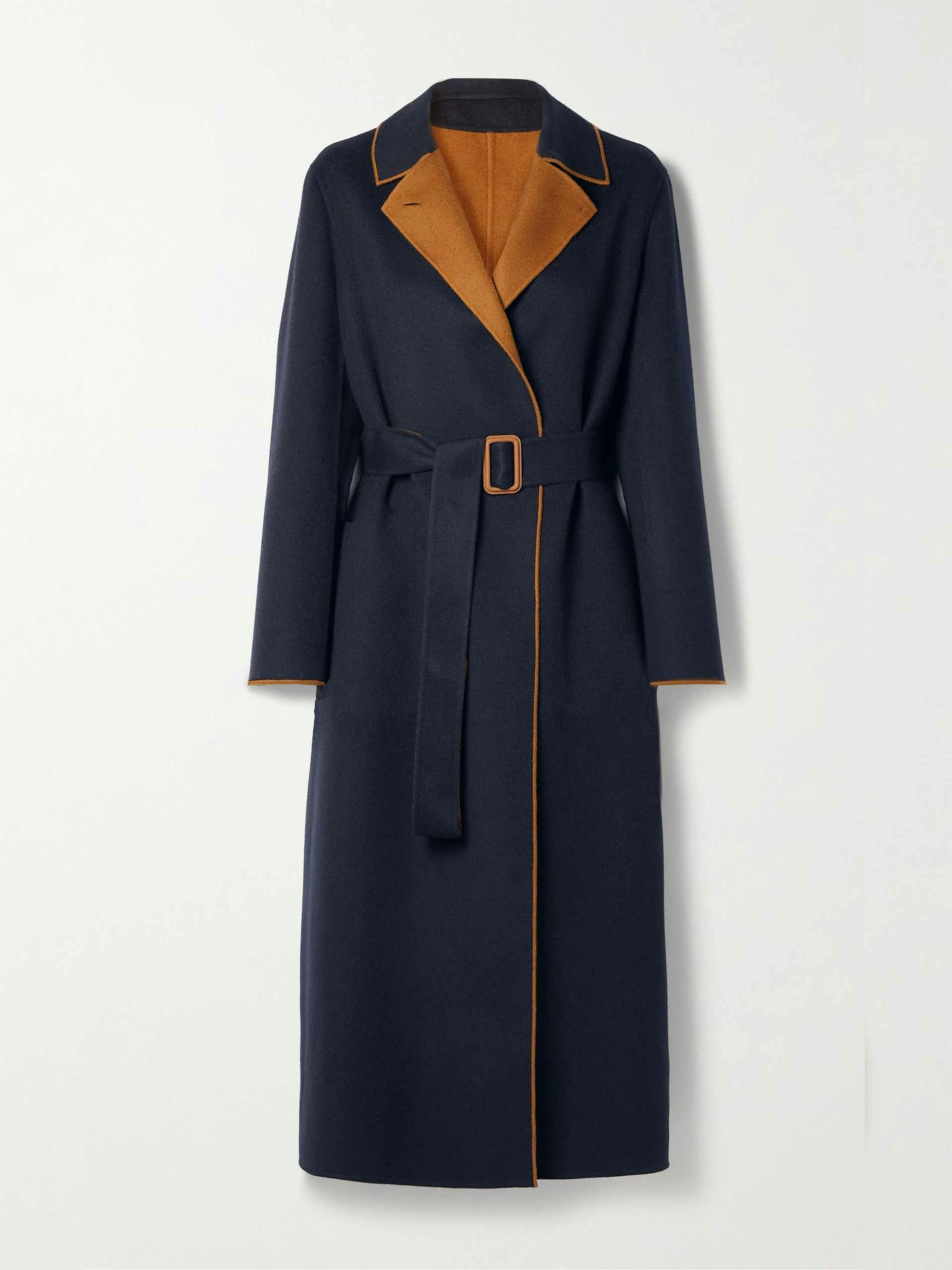 Navy reversible belted cashmere coat