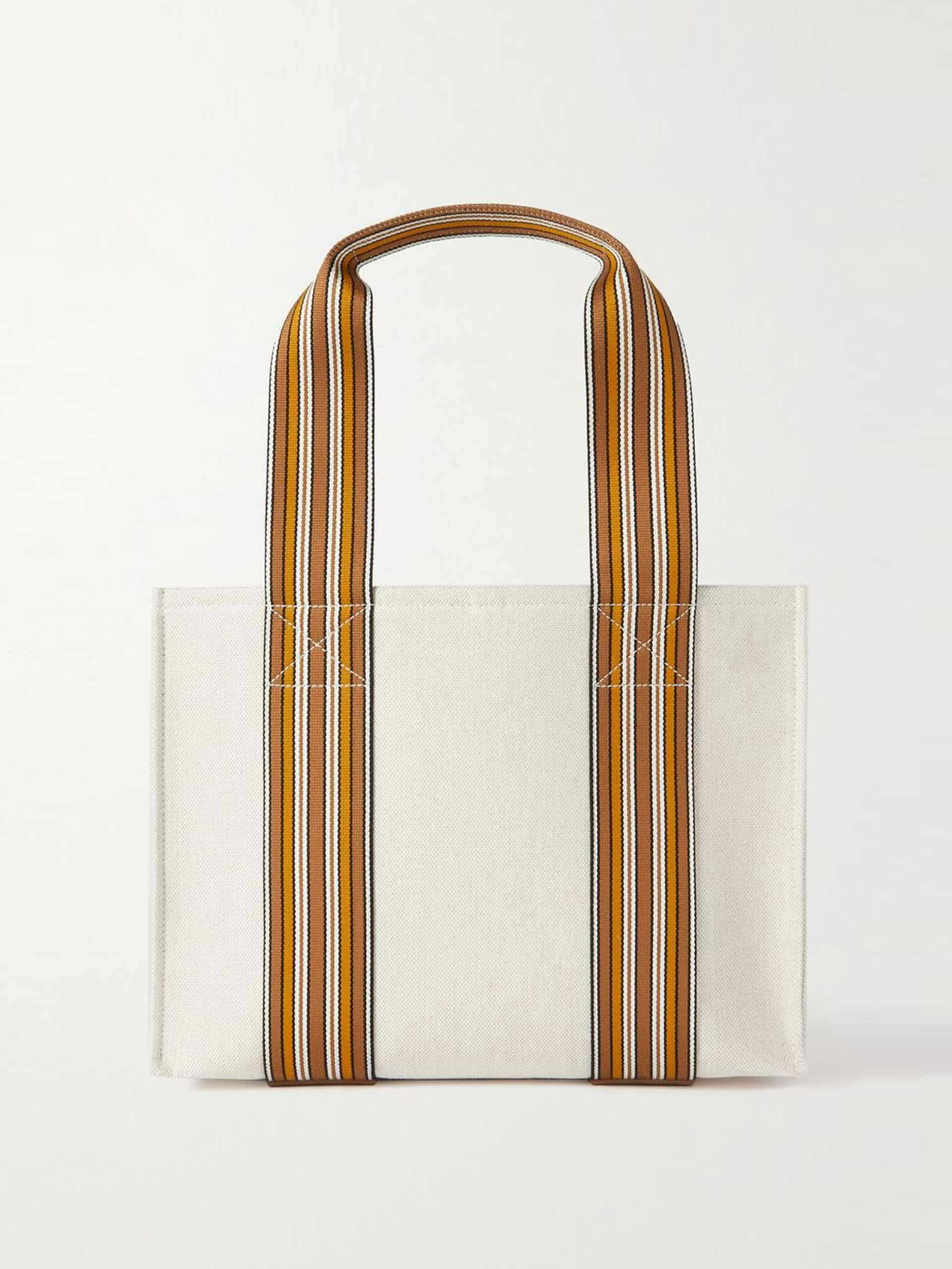 Striped leather-trimmed canvas tote bag