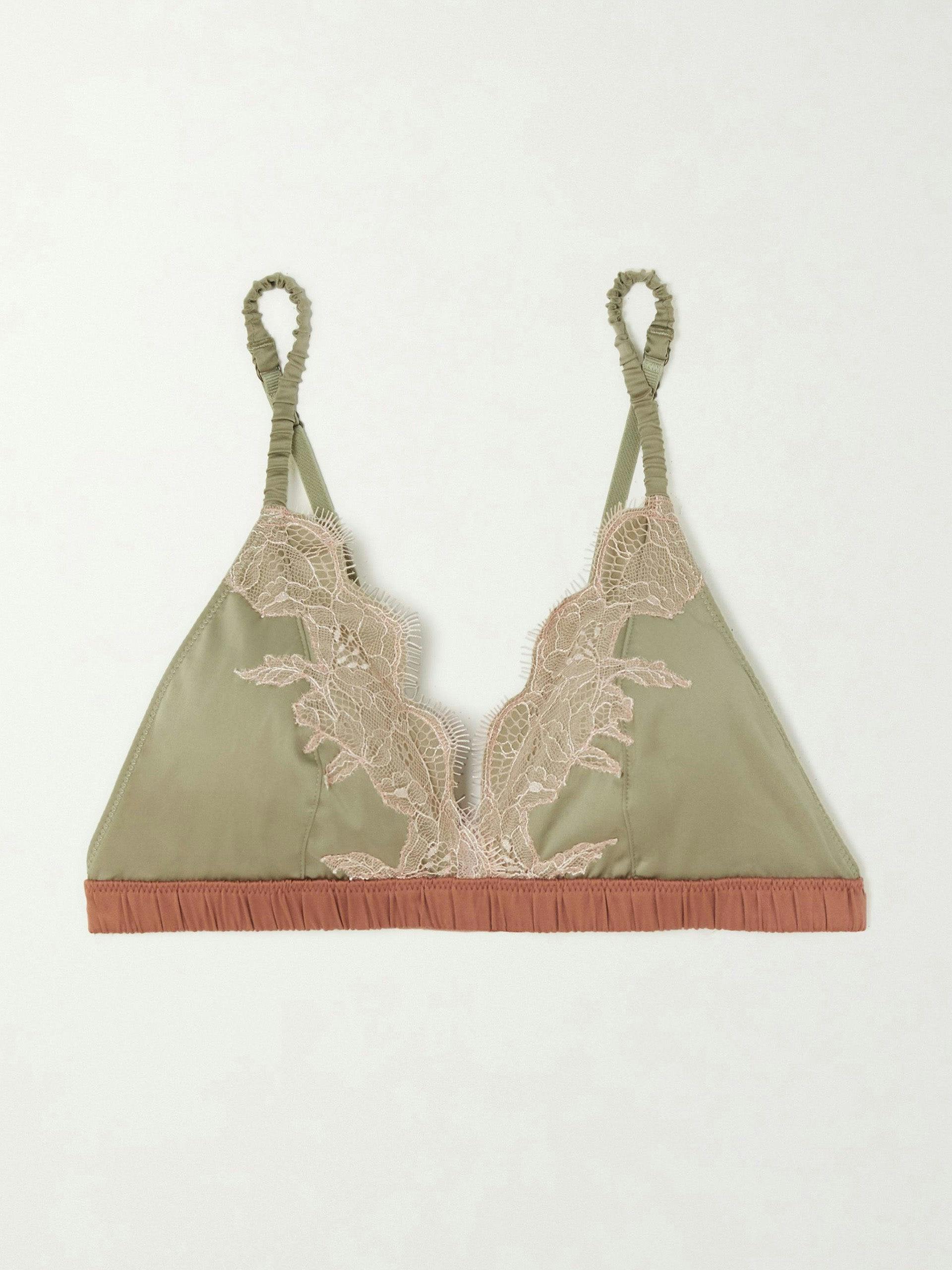 Green lace-trimmed silk-blend satin soft-cup triangle bra