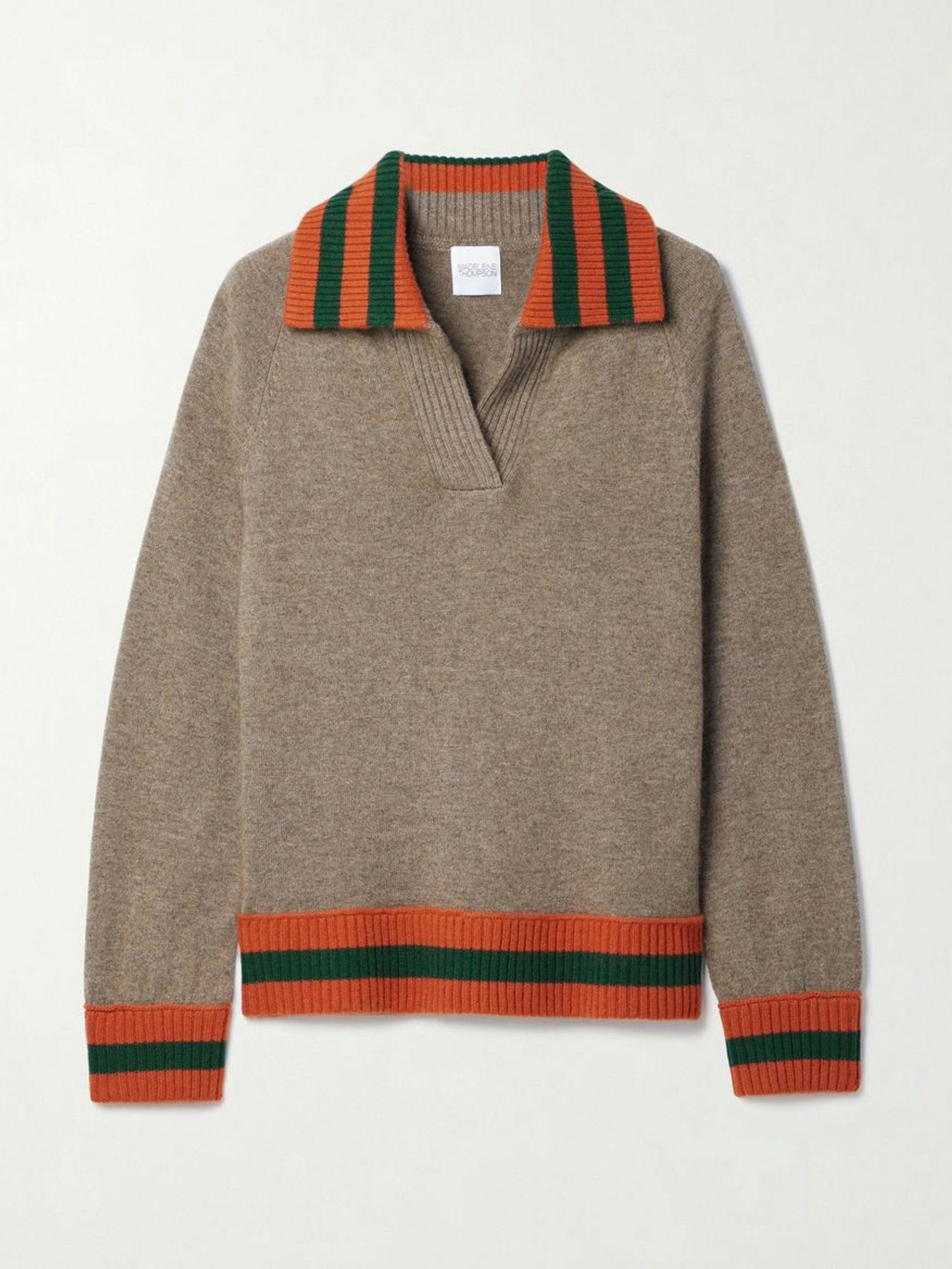 Brown jumper with orange and green stripes