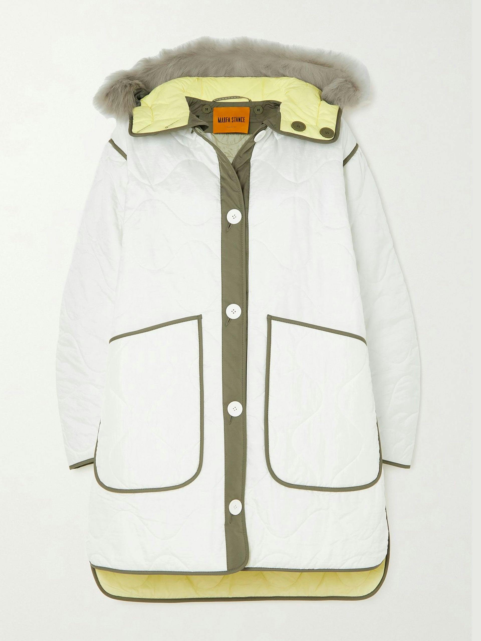 Reversible hooded shearling-trimmed quilted shell jacket