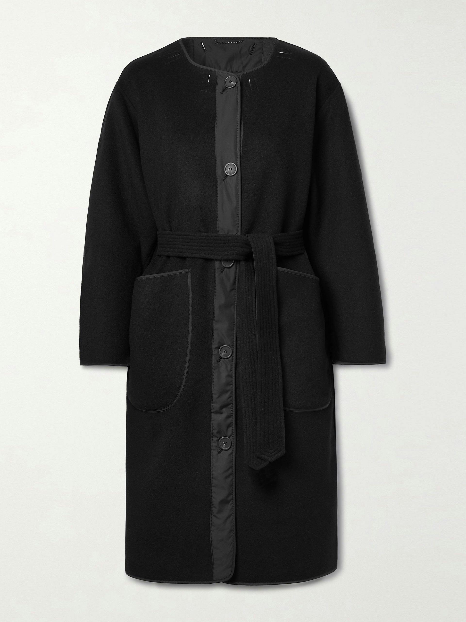 Reversible belted wool and quilted shell coat