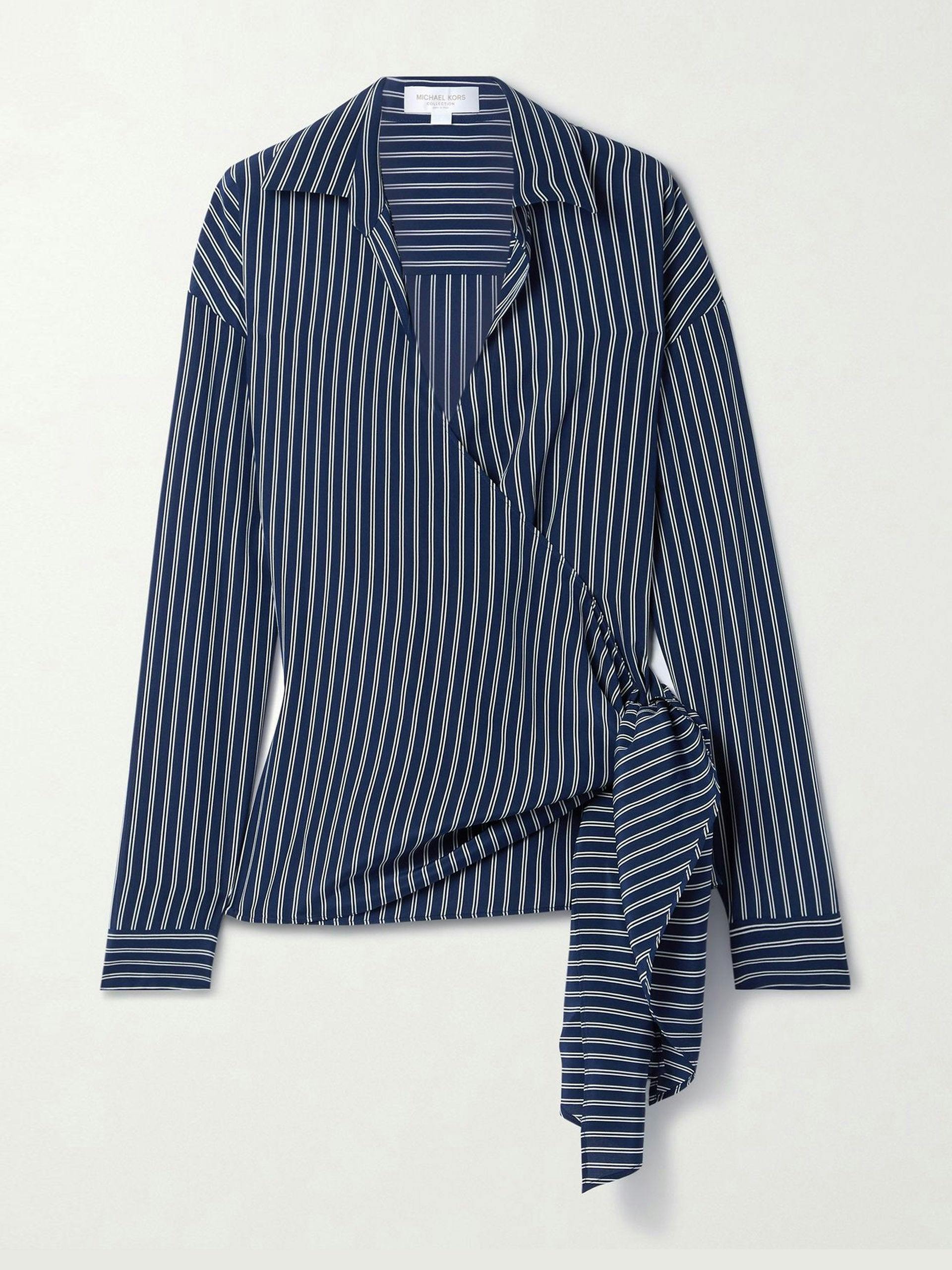 blue stripe silk wrap shirt