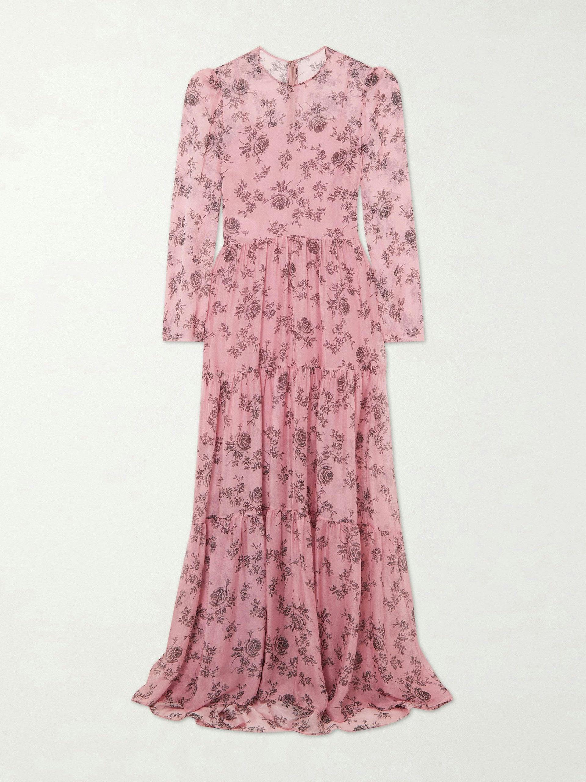 Pink floral-print silk-voile maxi dress