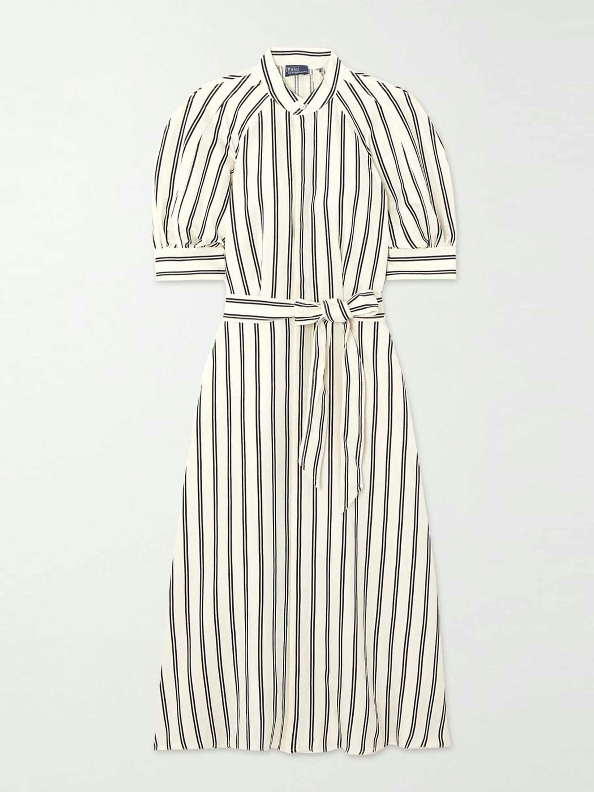 Belted striped silk midi dress