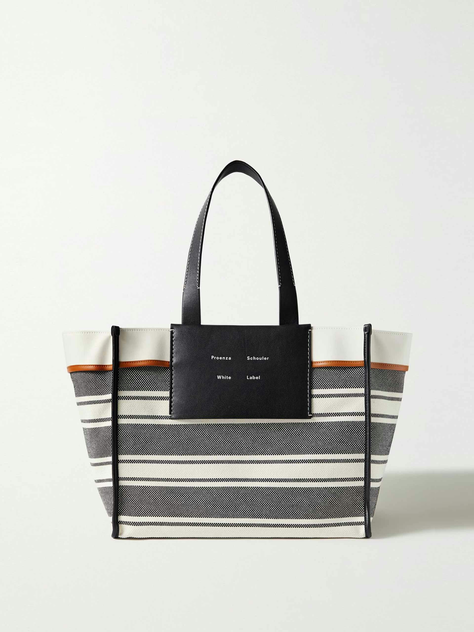 Striped canvas and leather tote bag