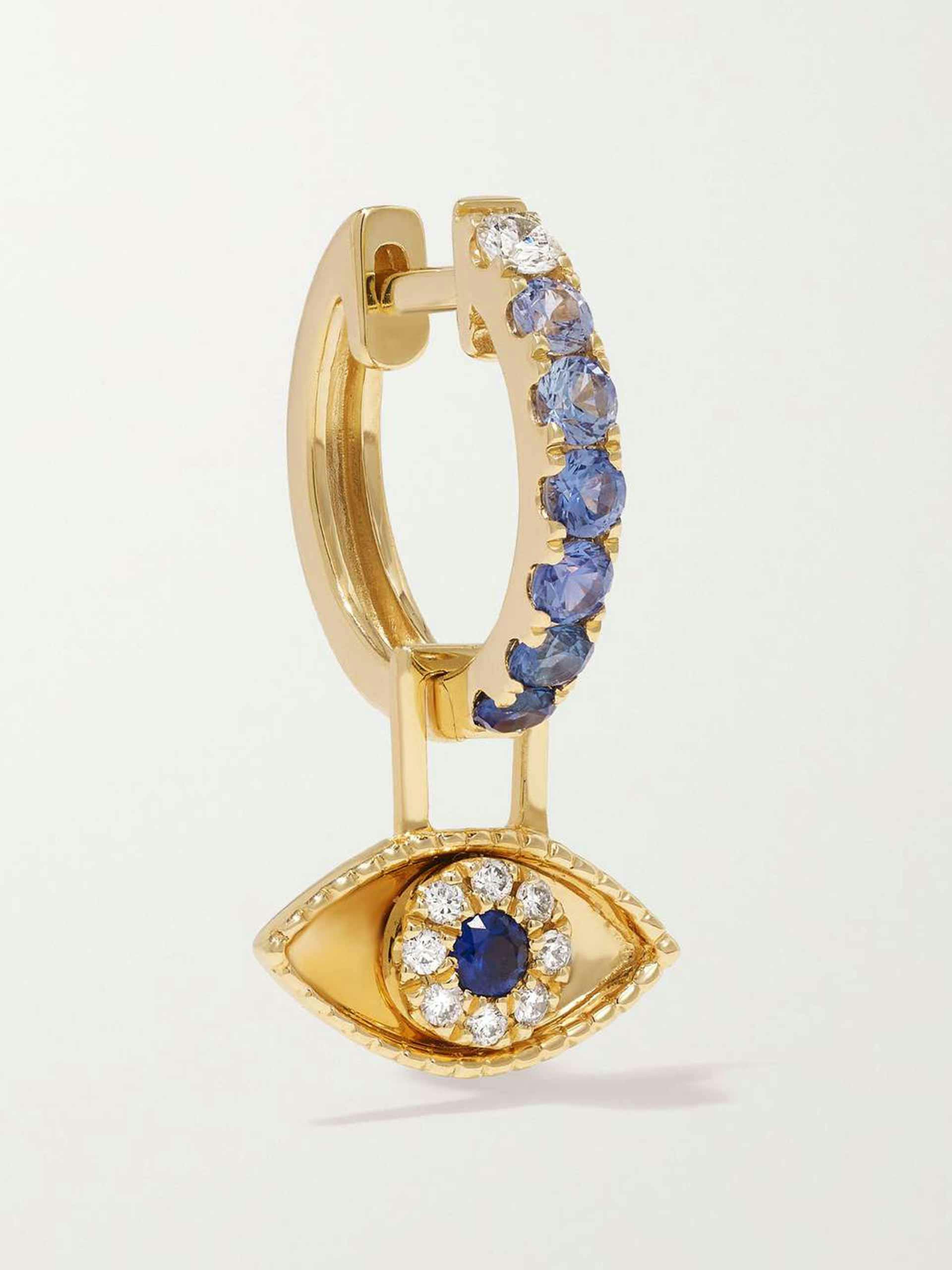 Third eye 14kt gold, sapphire and diamond single hoop earring