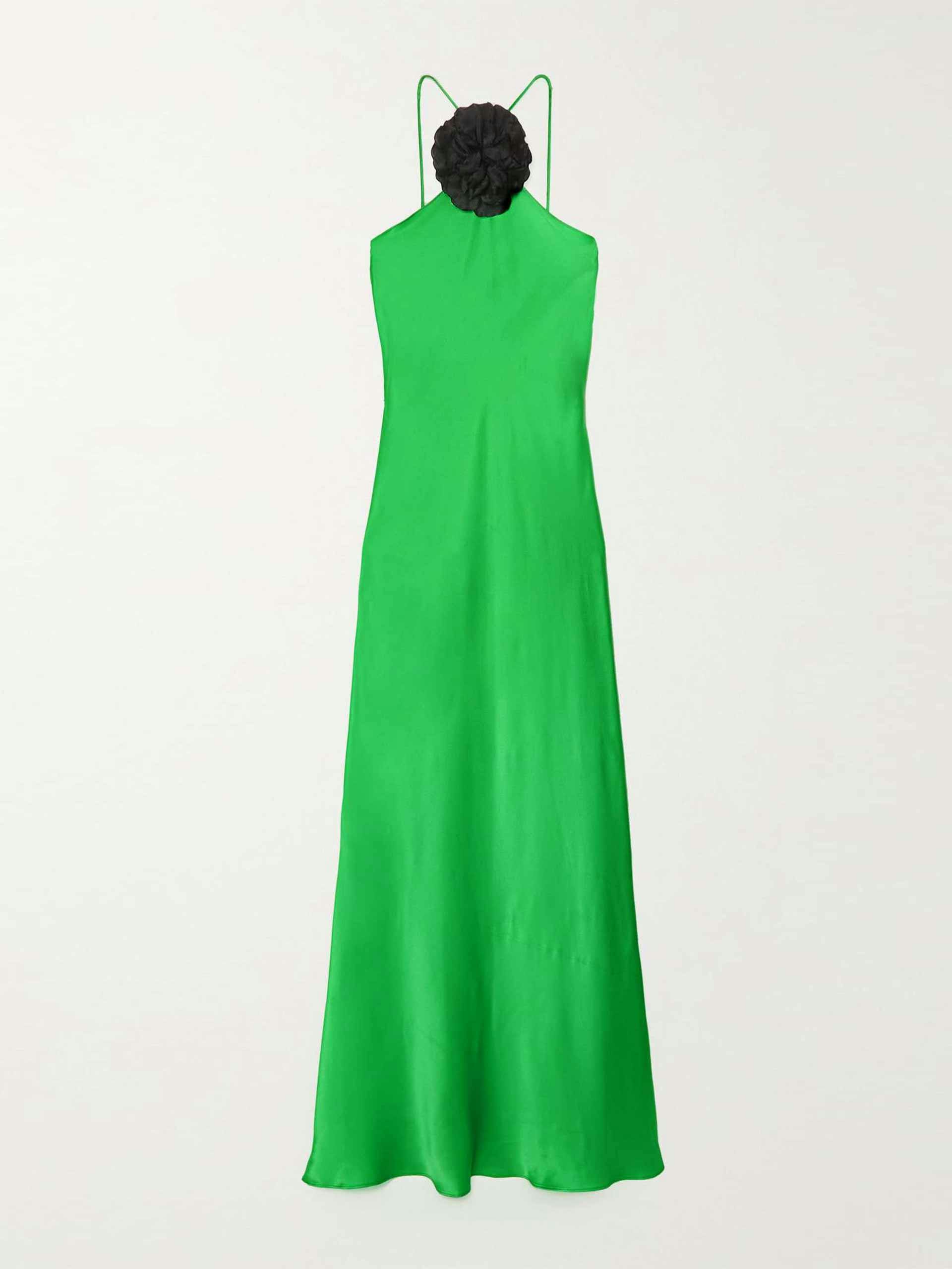 Floral-appliquéd green maxi dress