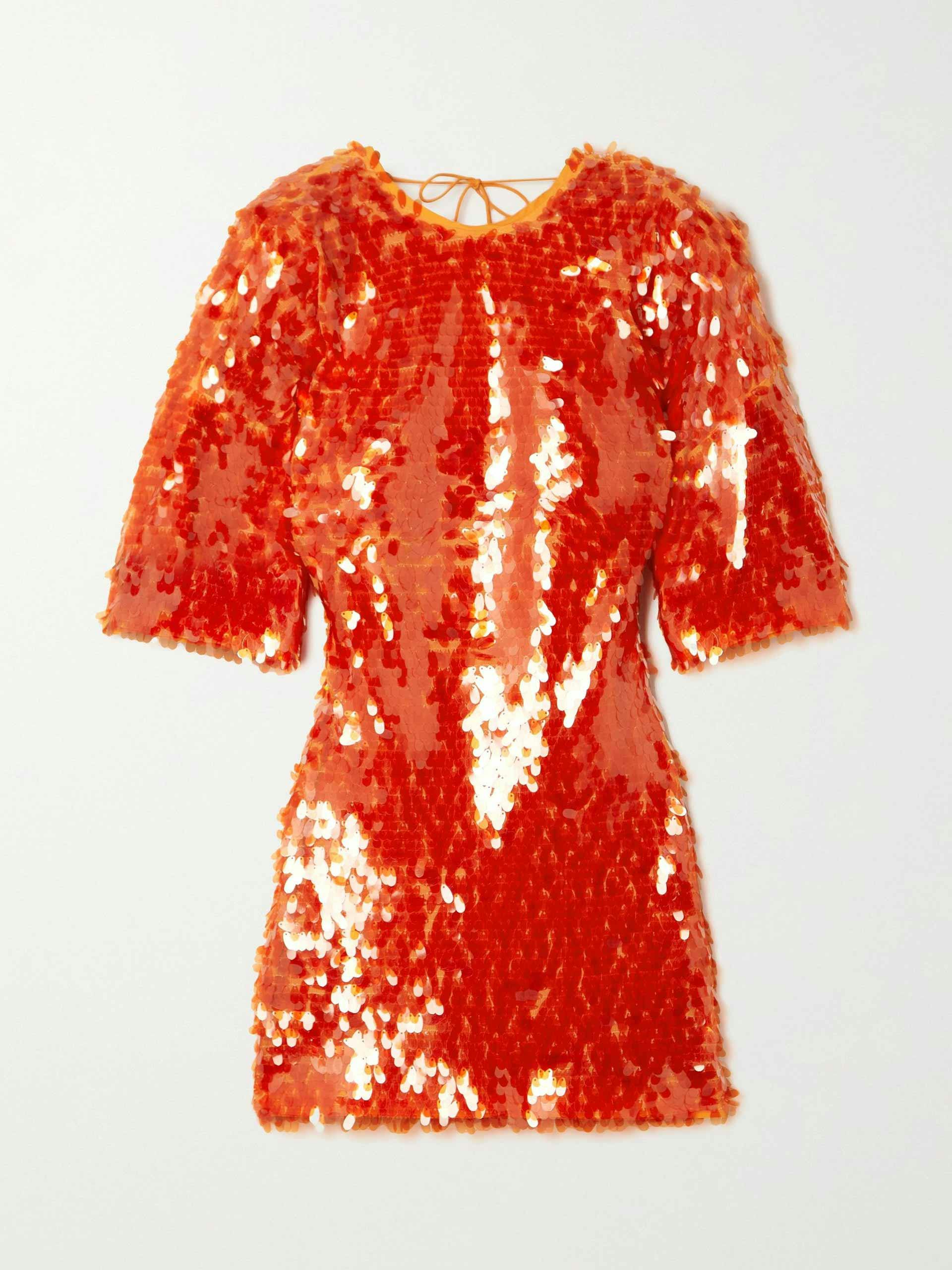 Orange open back sequinned mini dress
