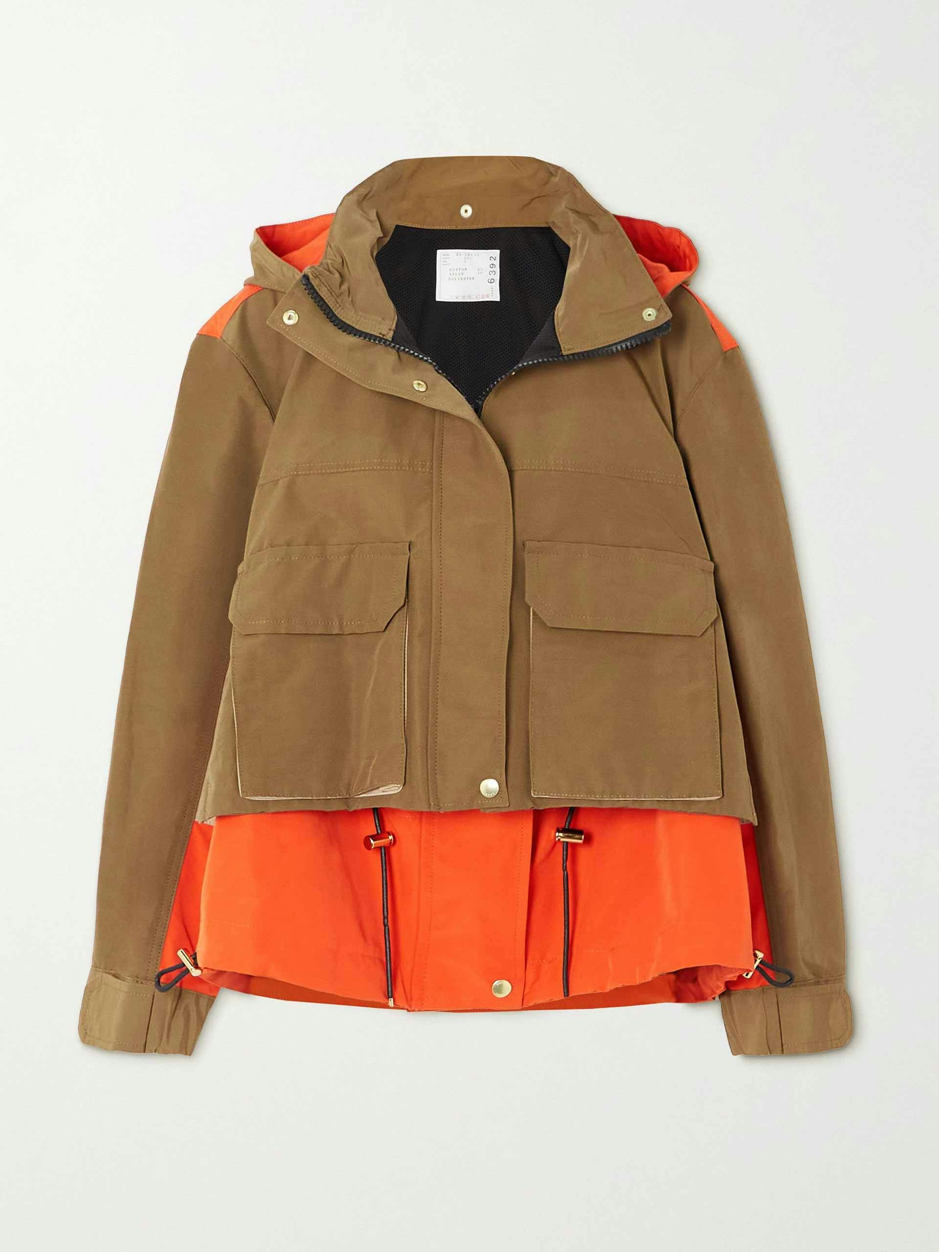 Hooded layered color-block cotton-blend gabardine jacket