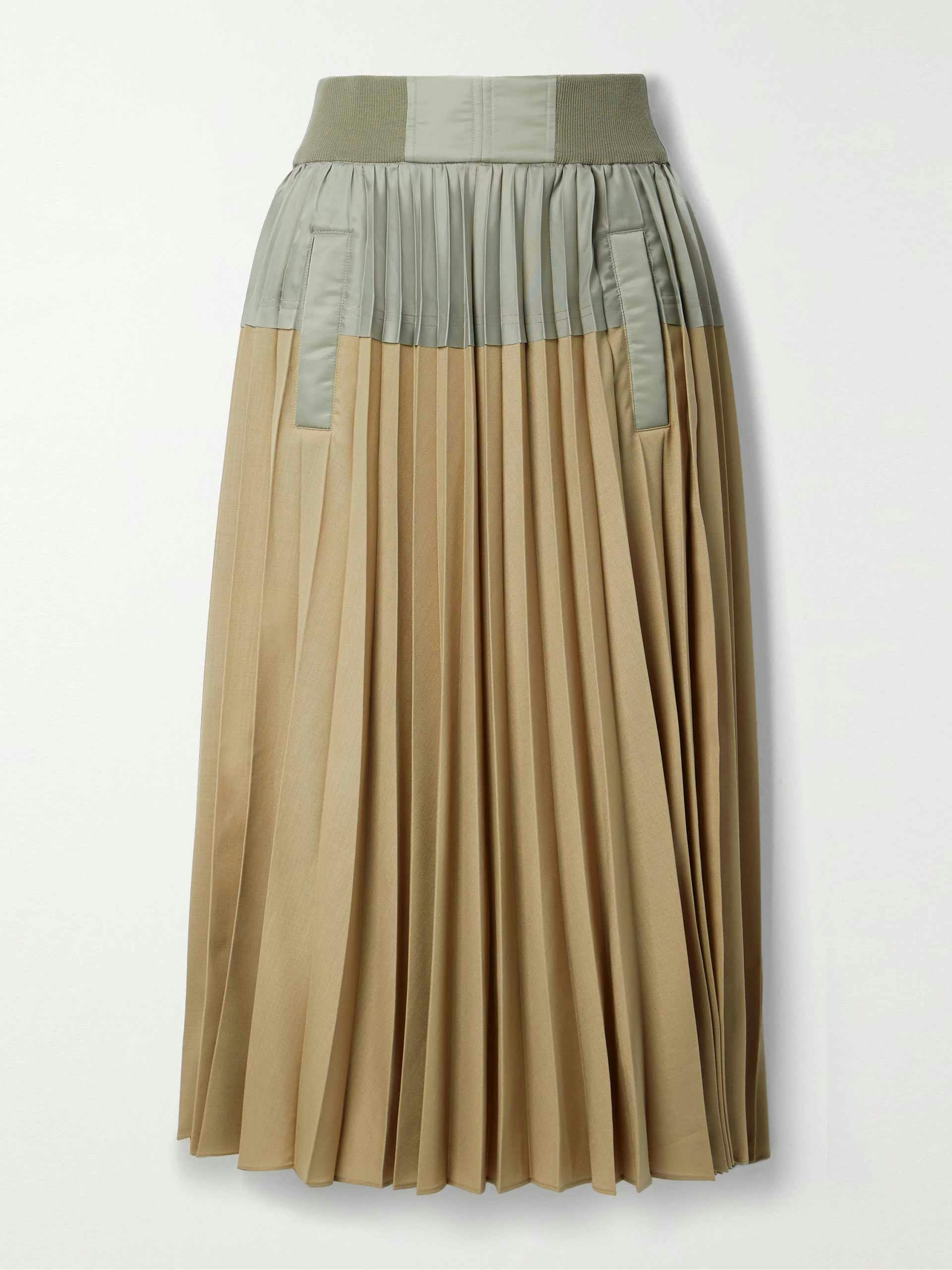 Pleated panelled crepe and twill midi skirt
