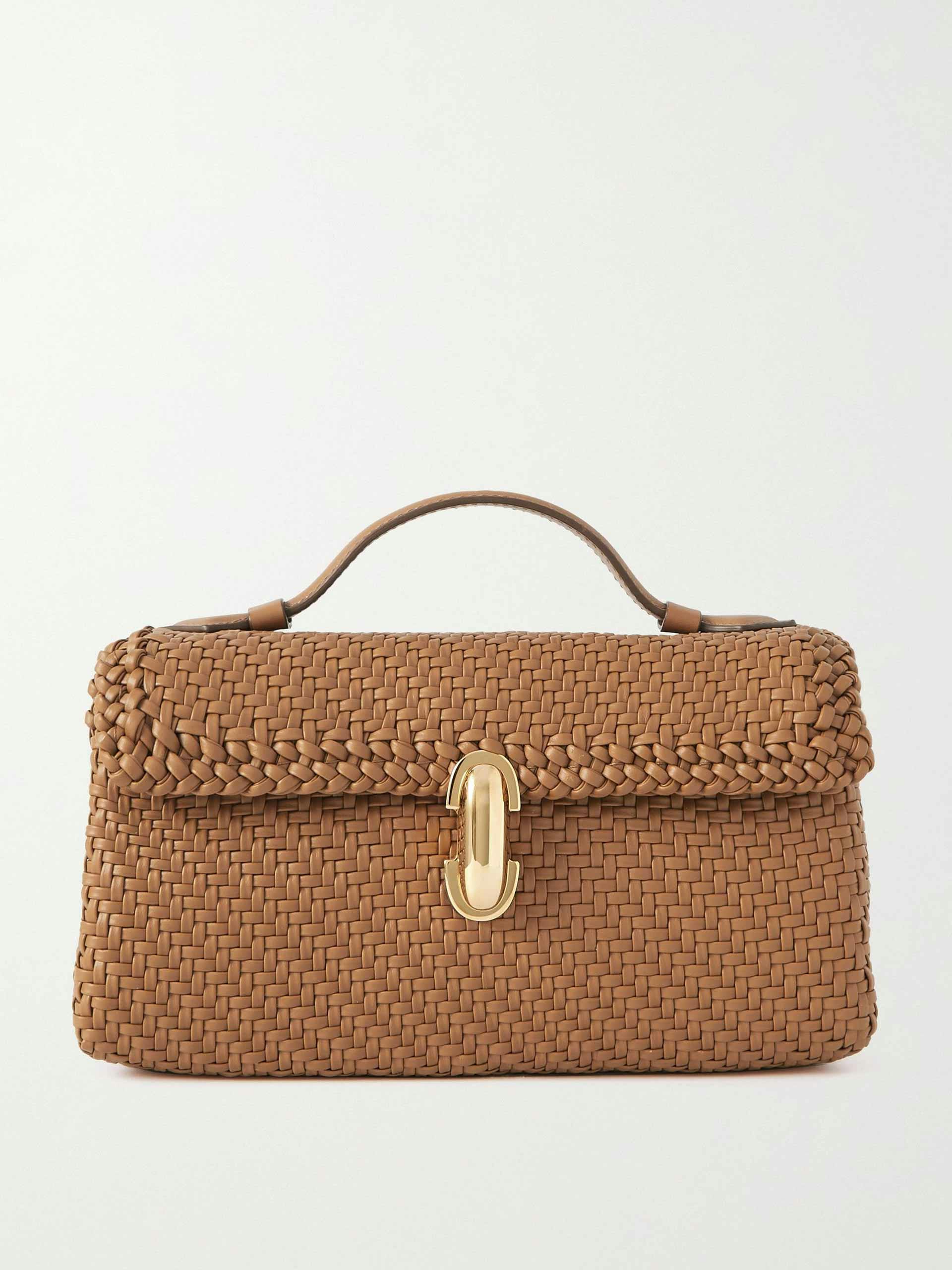 Woven leather top handle bag