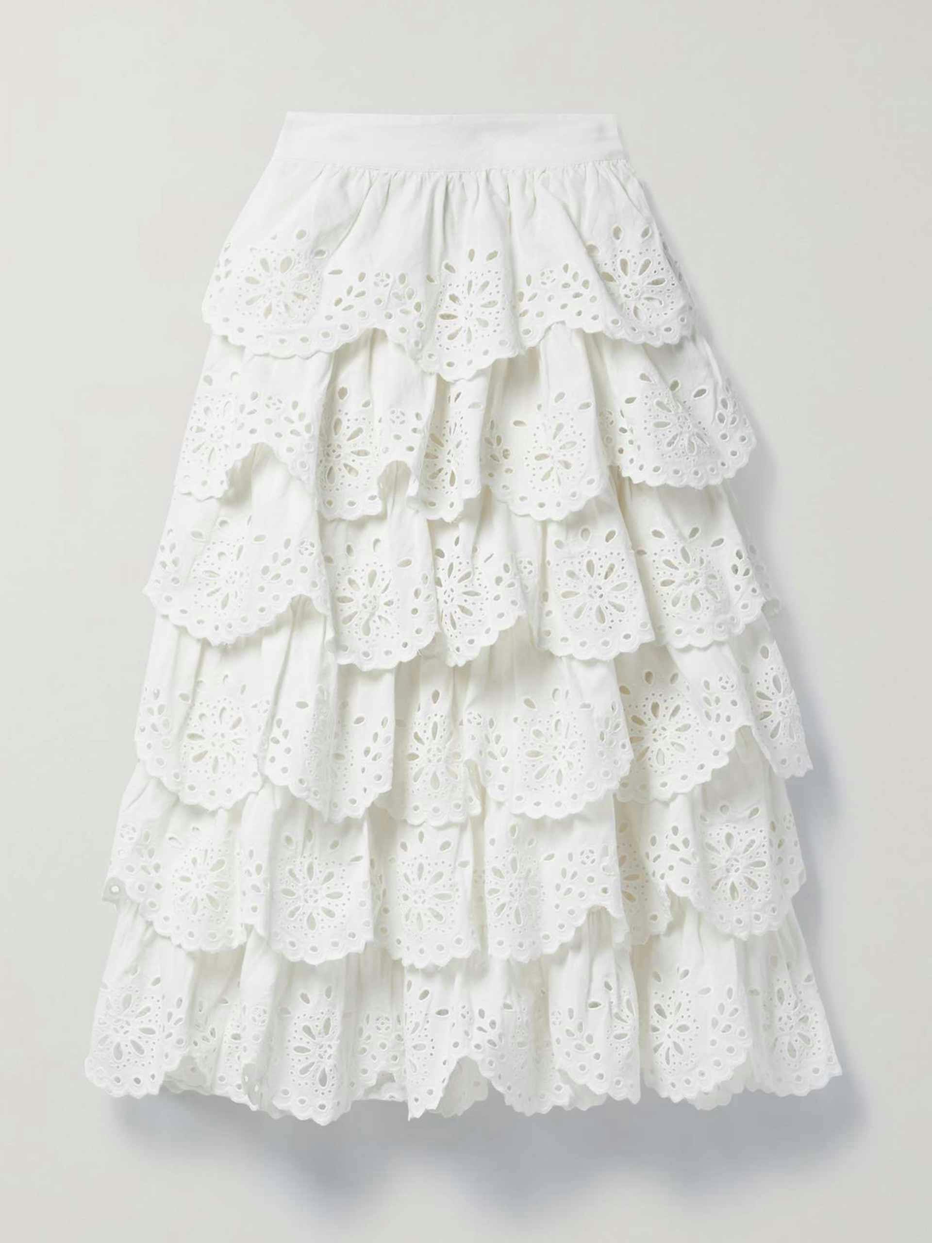Tiered broderie anglaise cotton and linen-blend midi skirt