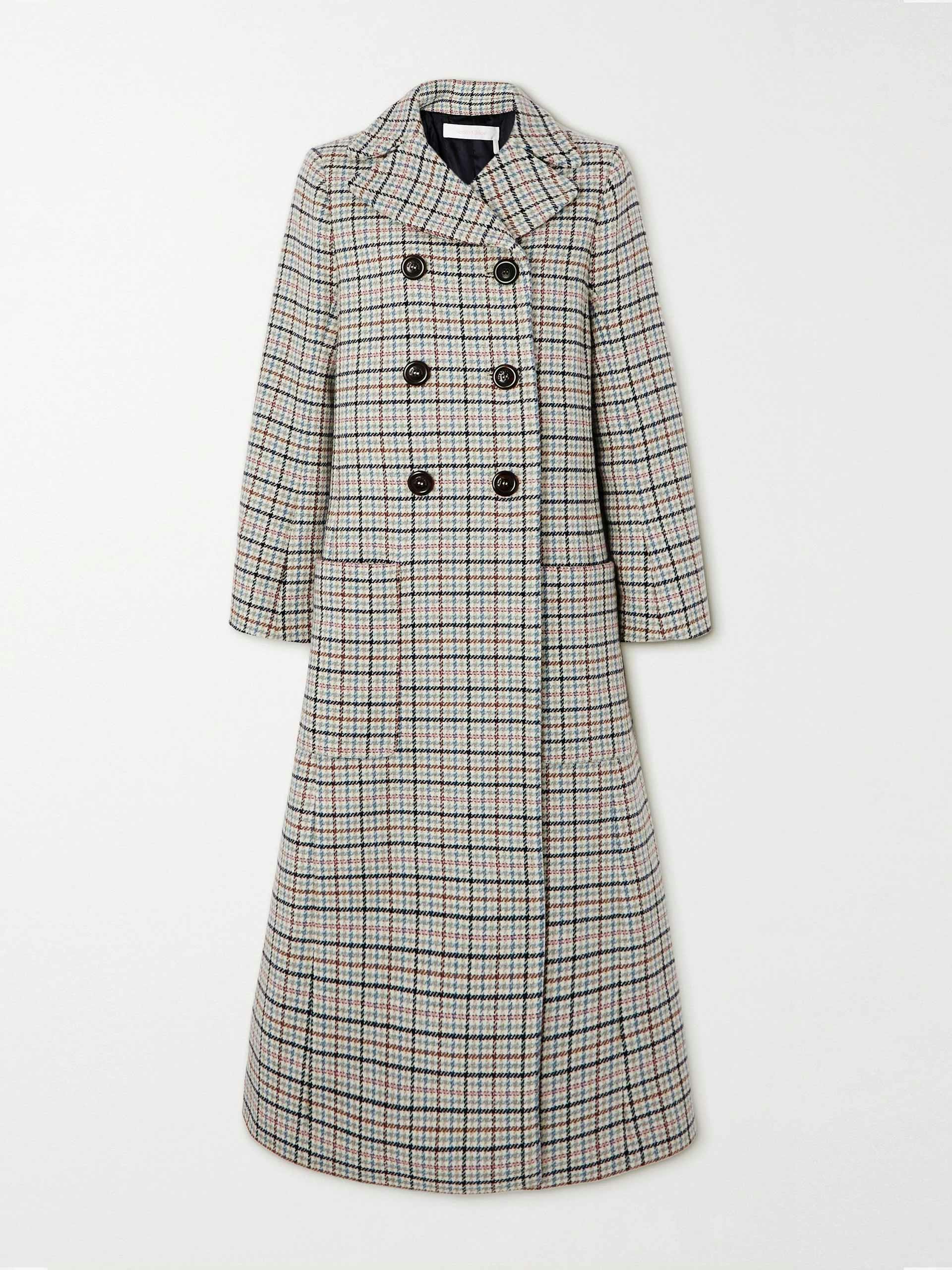Double-breasted checked wool-blend coat