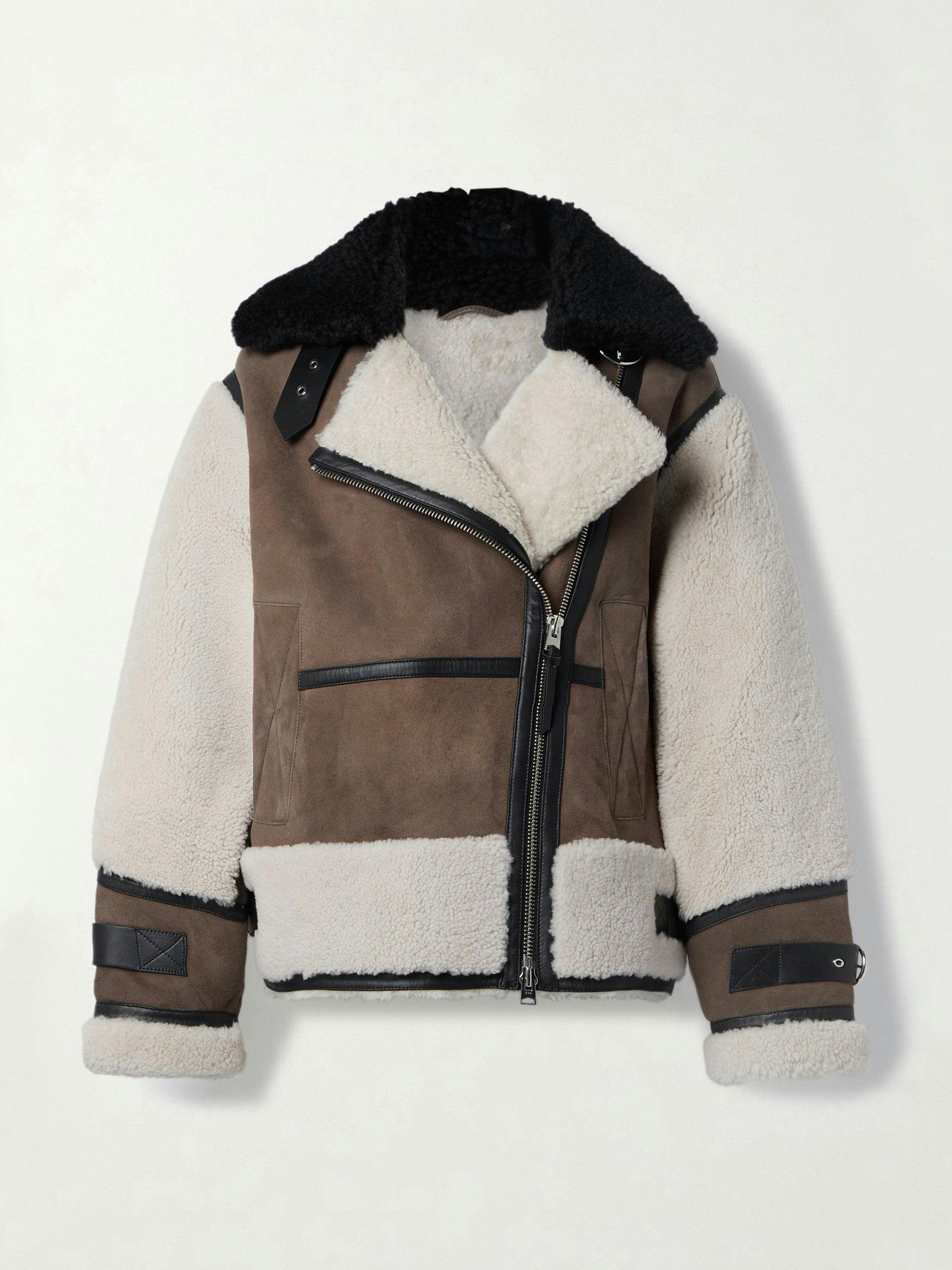 Brown and cream panelled shearling jacket