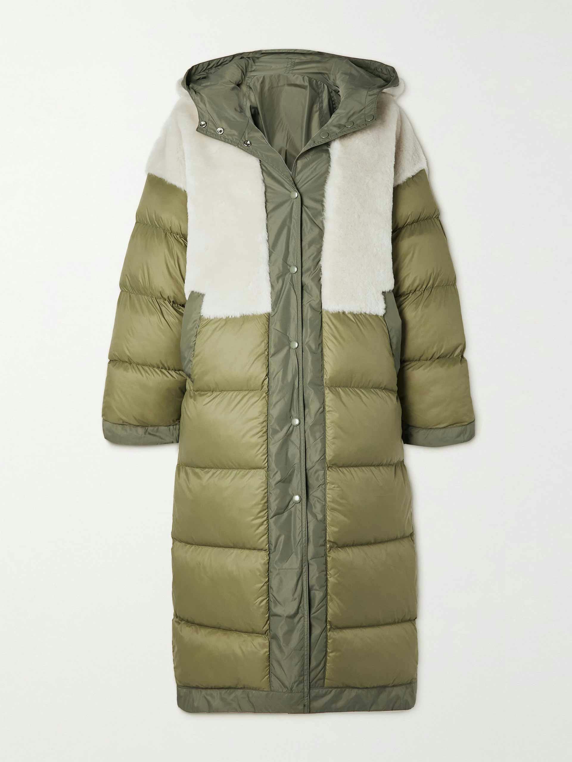 Ember reversible padded hooded shearling-lined shell coat