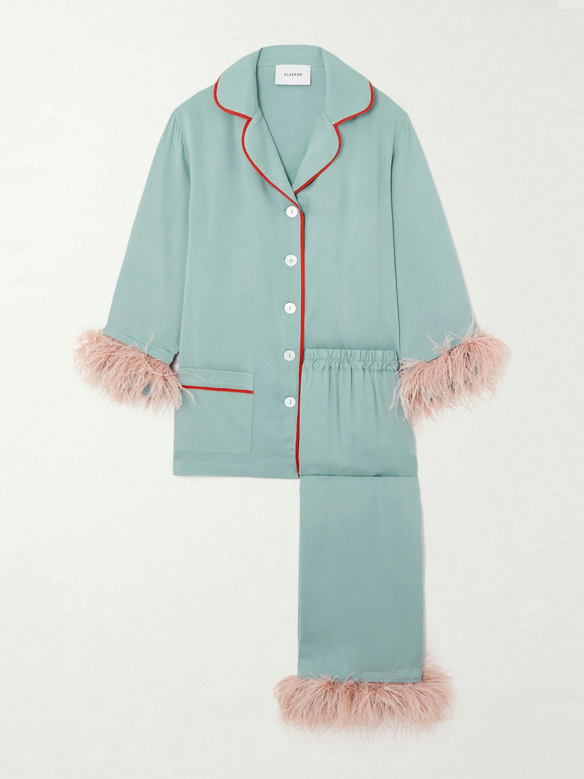 Party feather-trimmed twill pyjama set