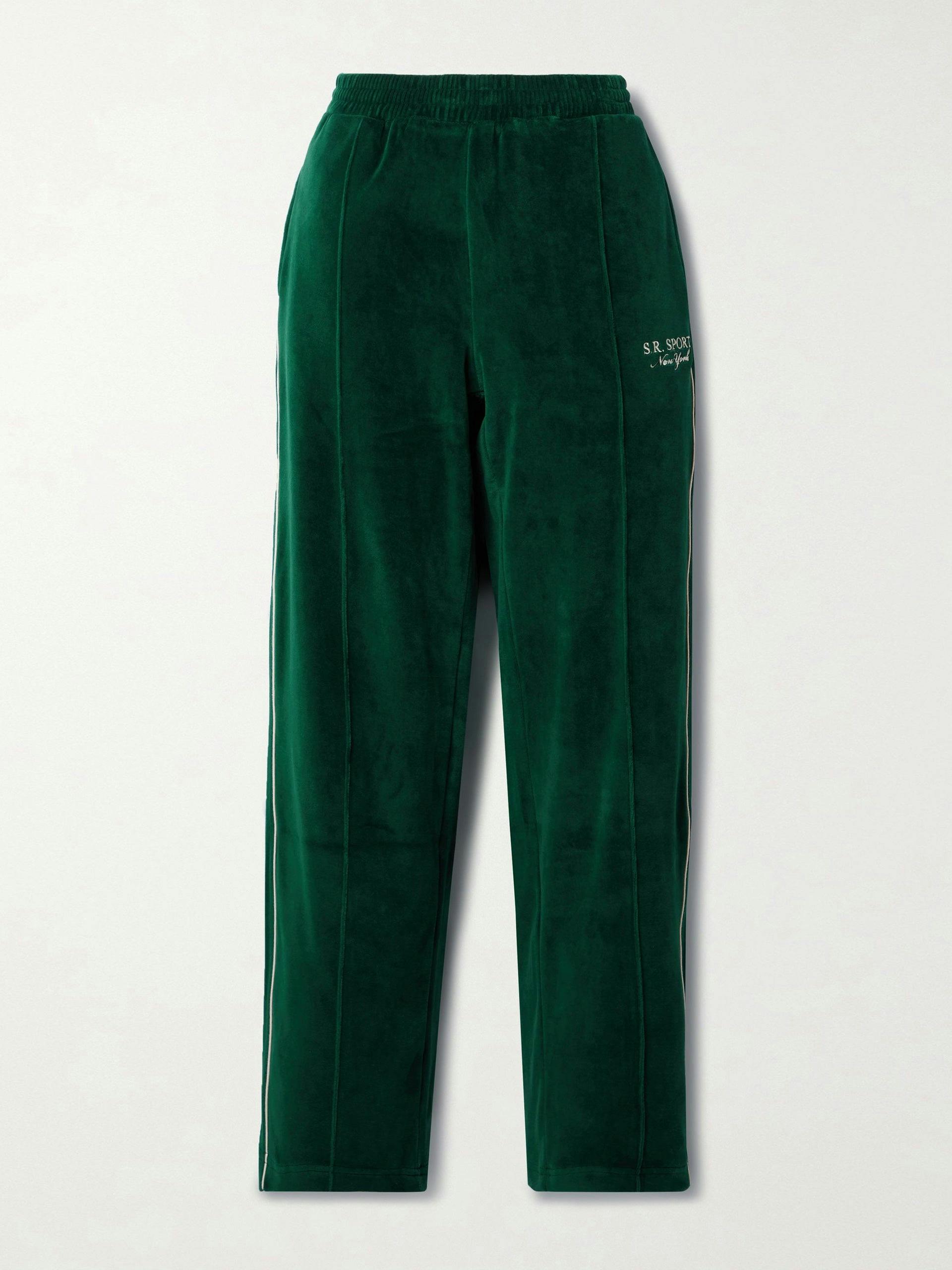 Dark green embroidered cotton-velour track pants