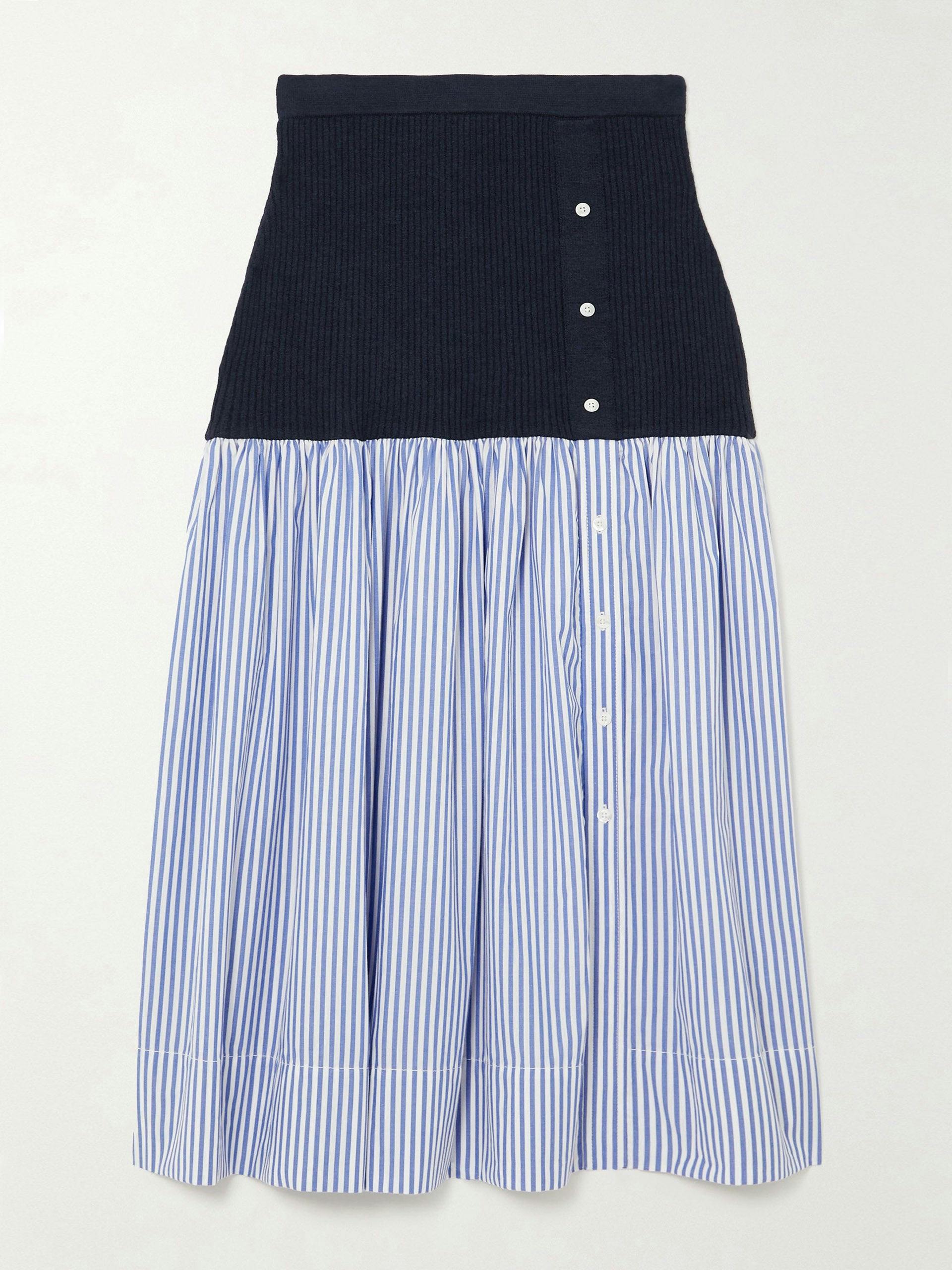 Navy ribbed wool and striped poplin skirt