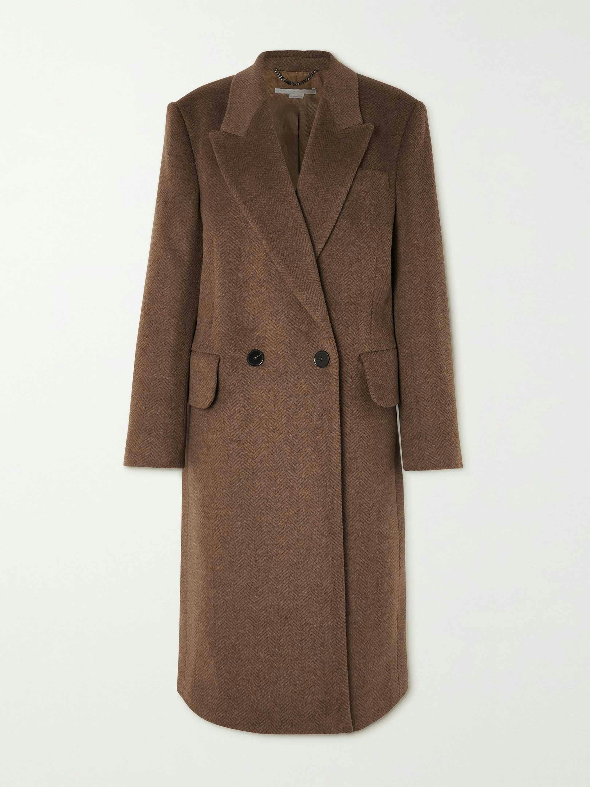 Double-breasted herringbone wool coat