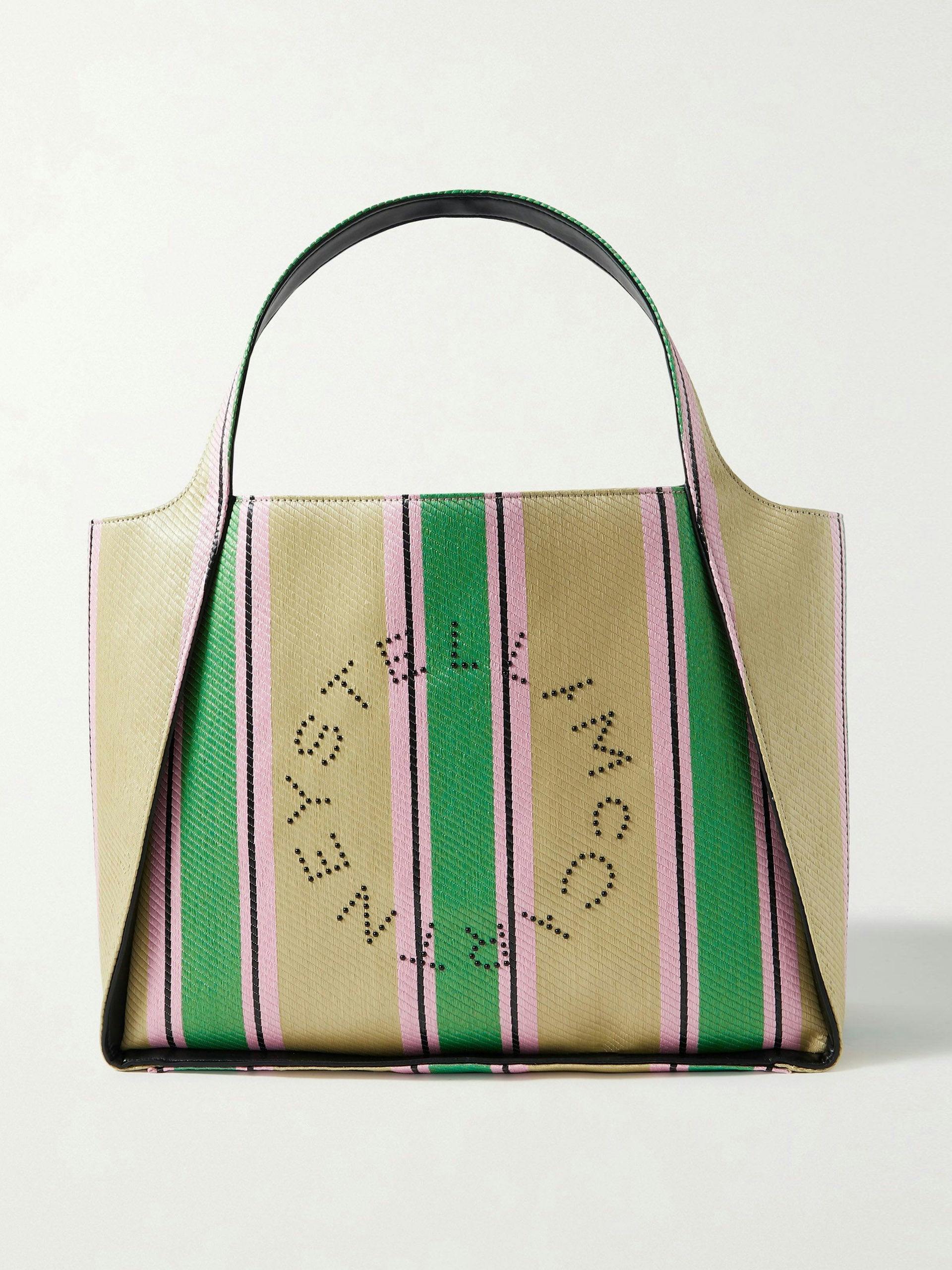 Green striped raffia tote bag