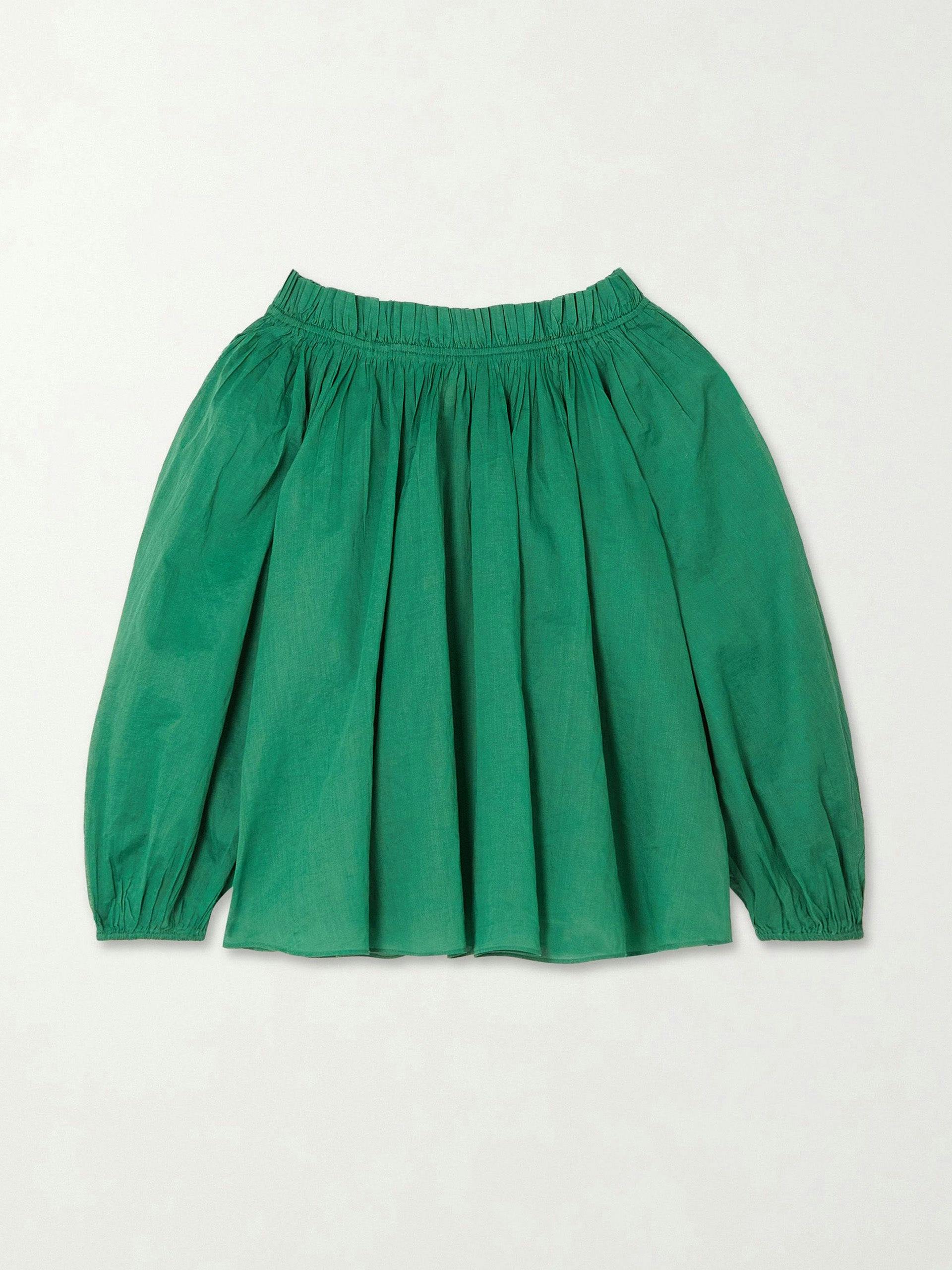 Green ruffled gathered cotton blouse
