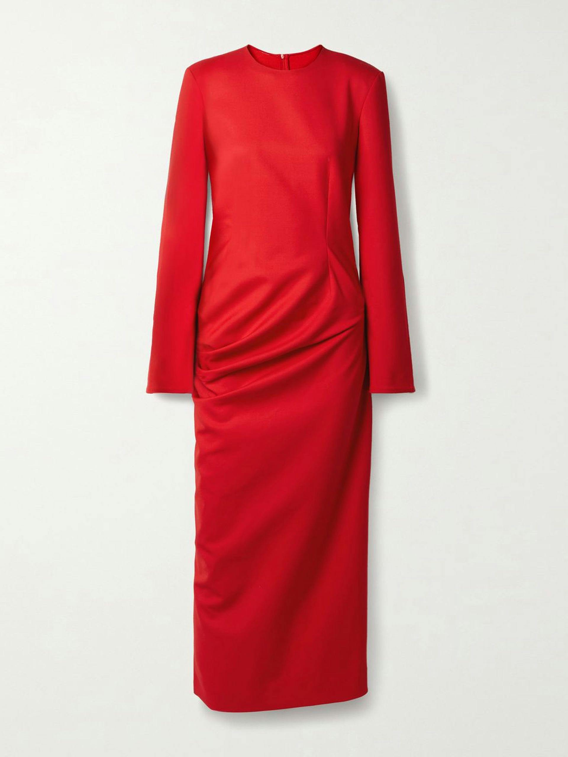 Red ruched wool-blend midi dress