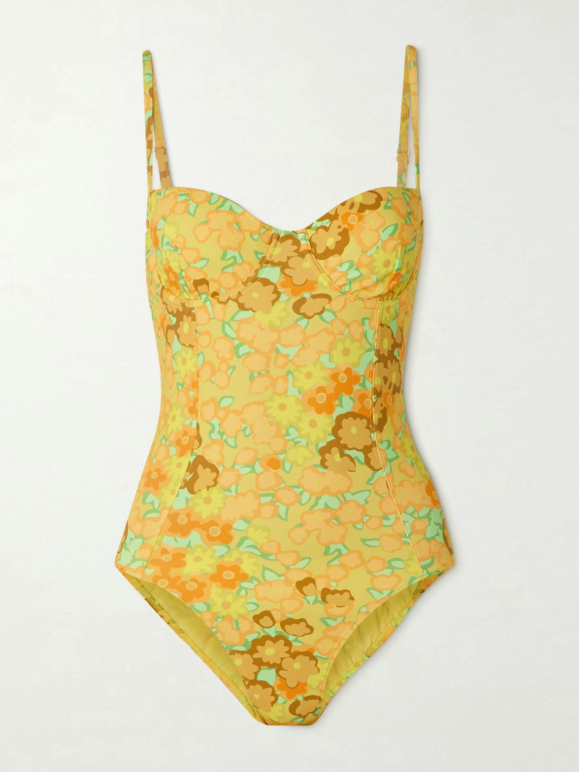 Yellow floral-print underwired swimsuit