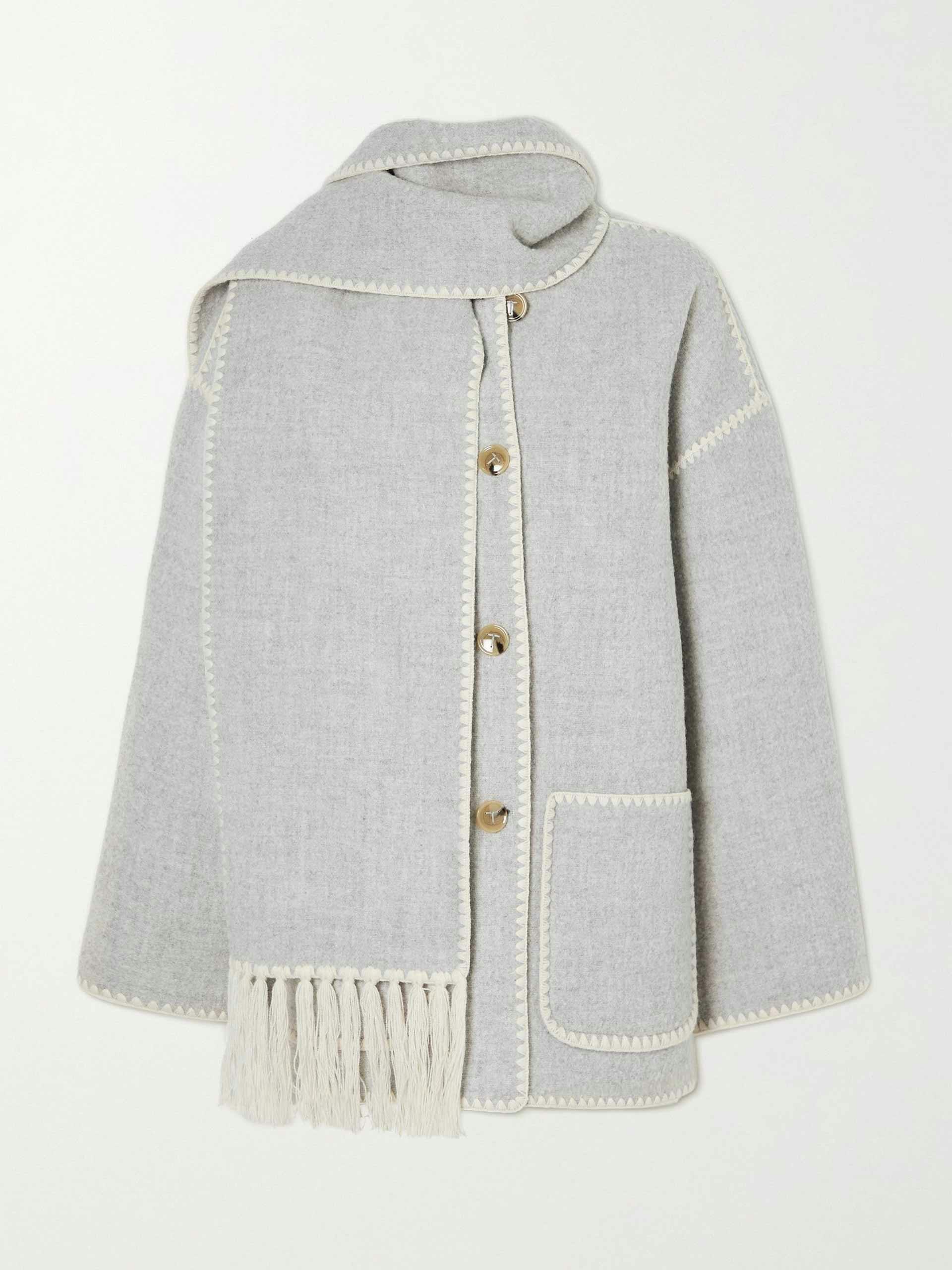 Grey draped fringed wool-blend jacket