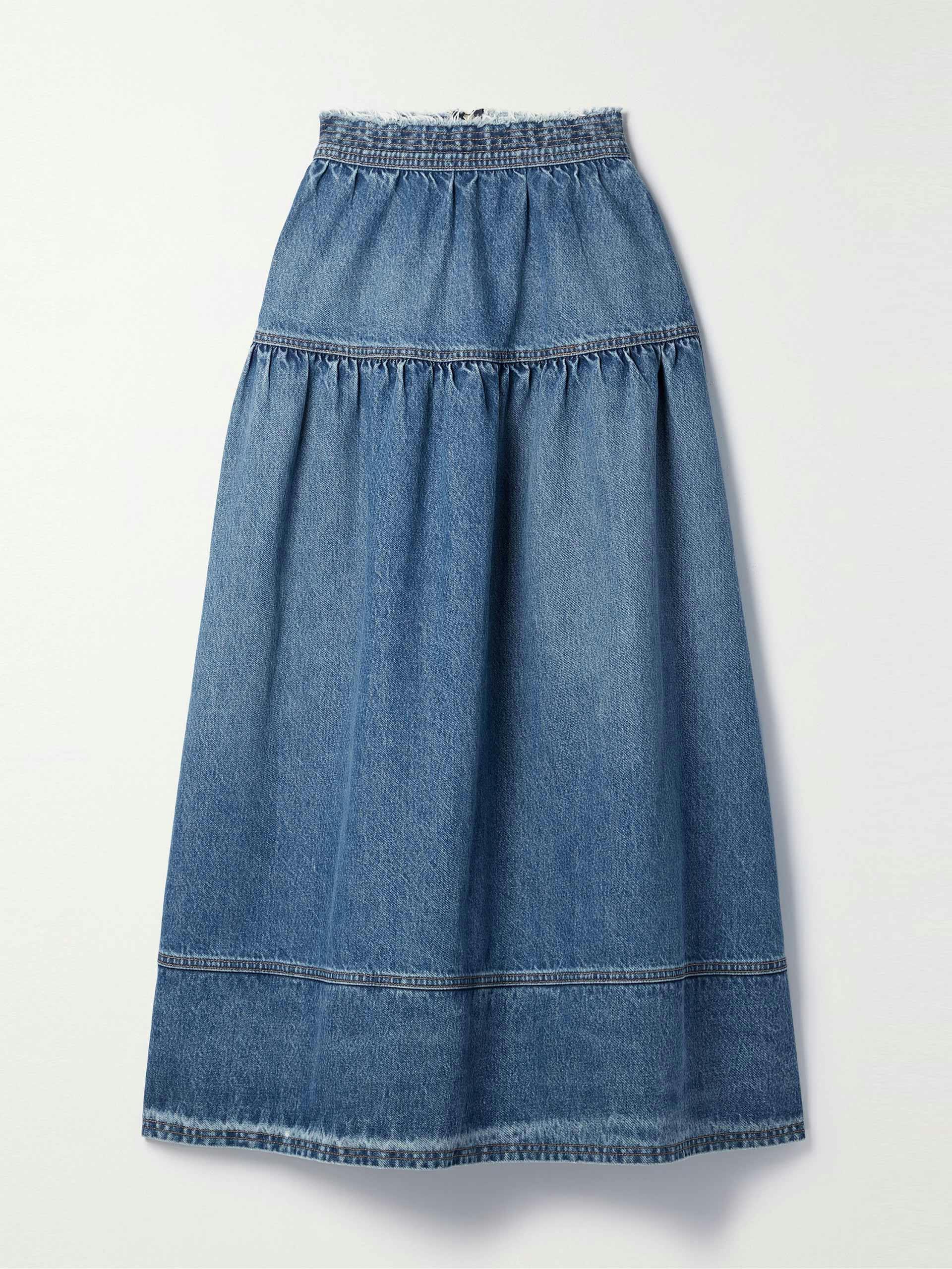 Frayed paneled denim midi skirt