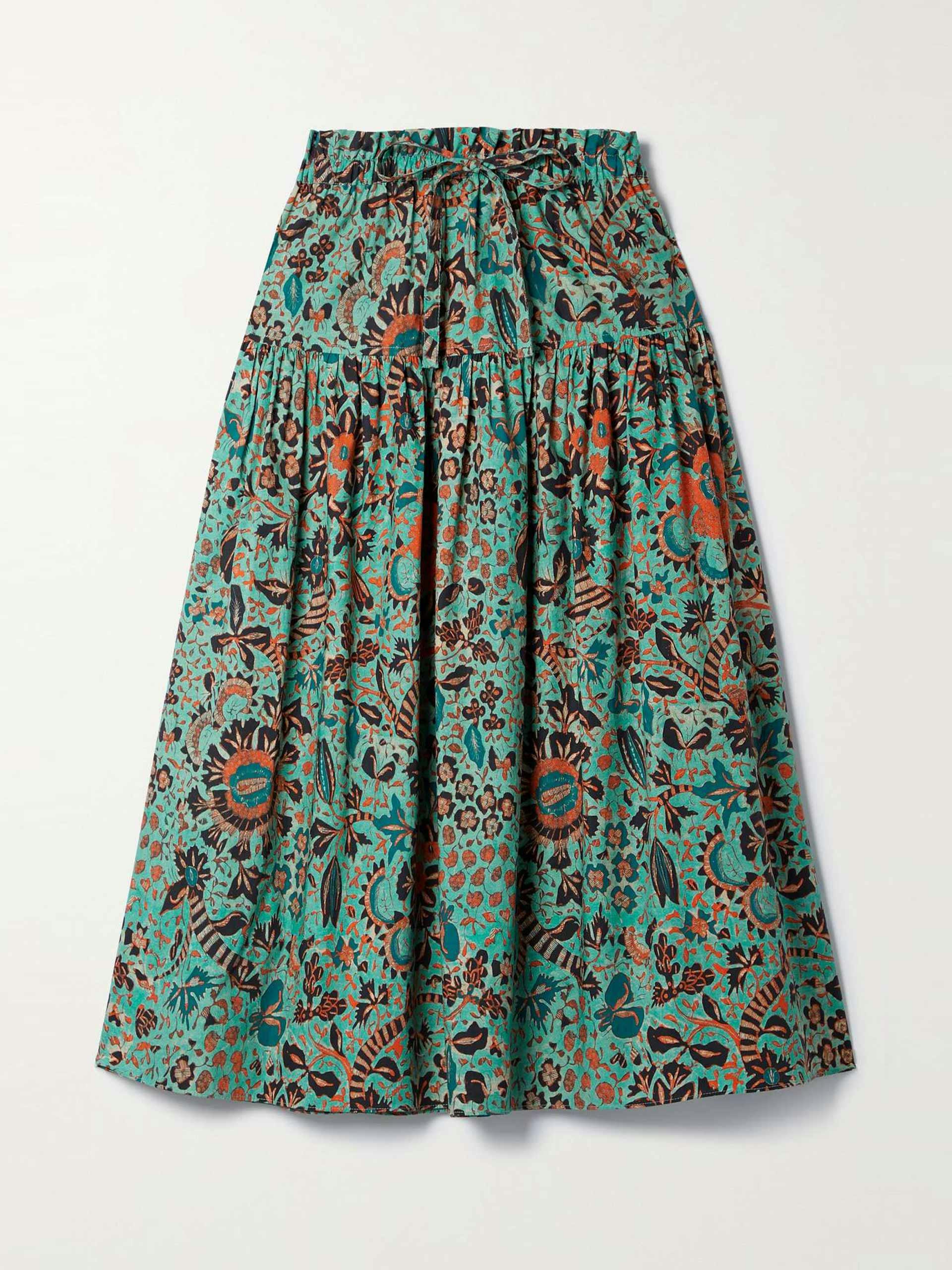 Green floral tiered midi skirt