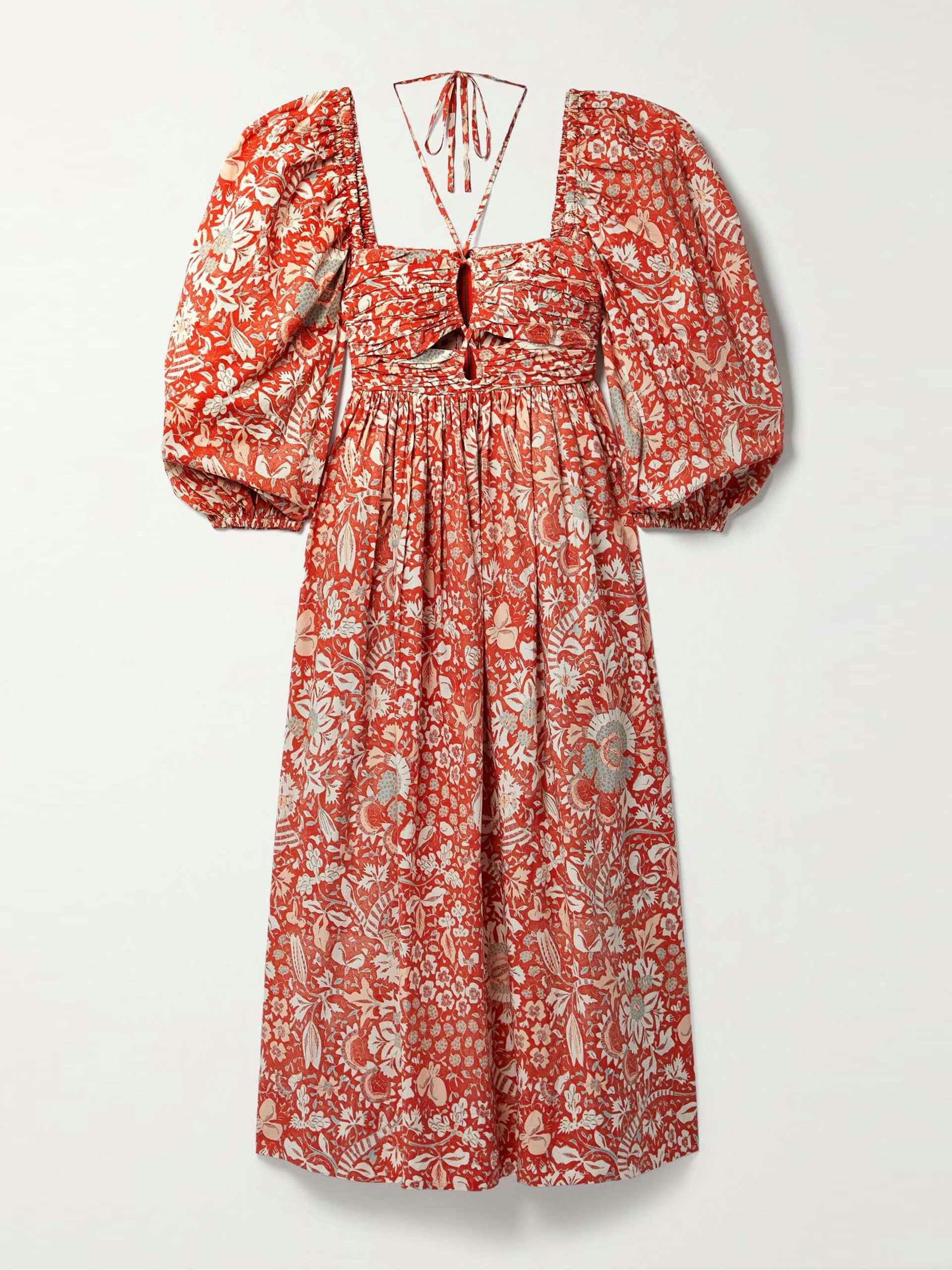 Cutout ruched floral-print midi dress