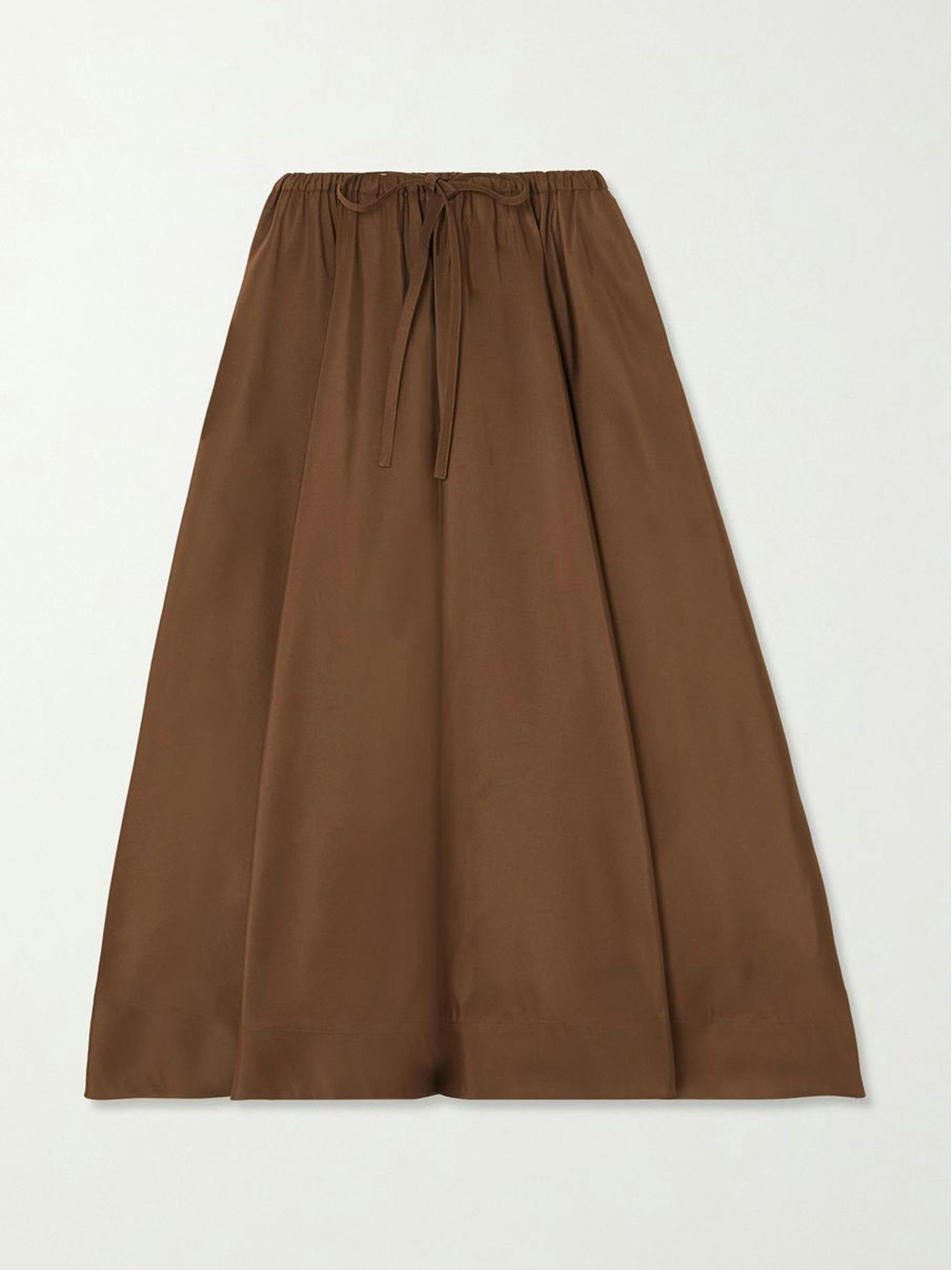Brown pleated silk midi skirt