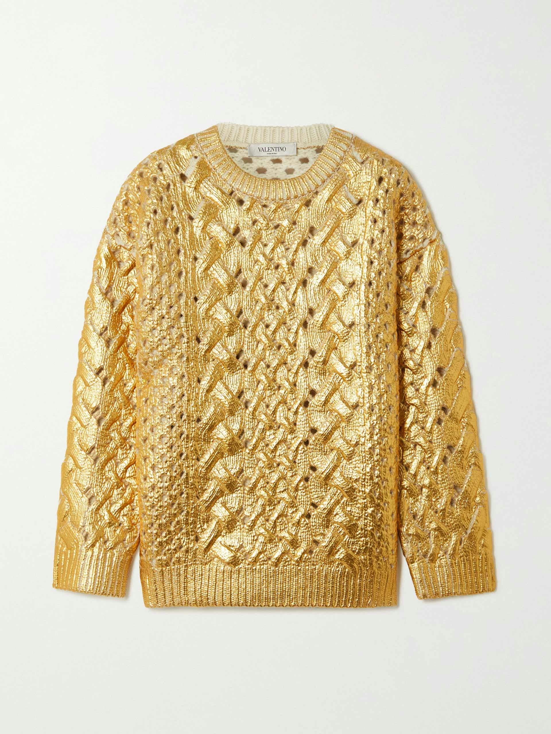 Metallic coated cable knit wool jumper