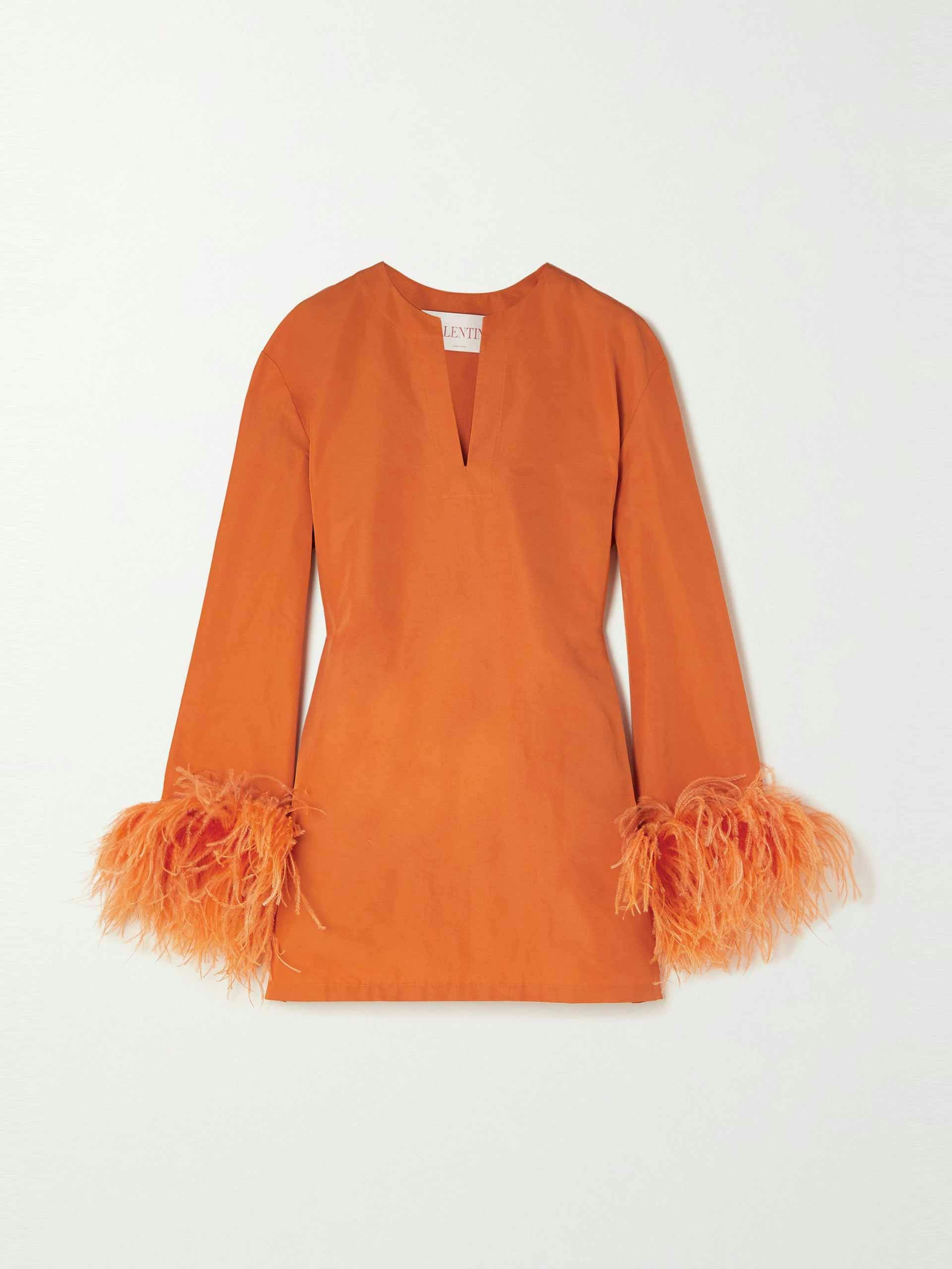 Orange feather trimmed mini dress