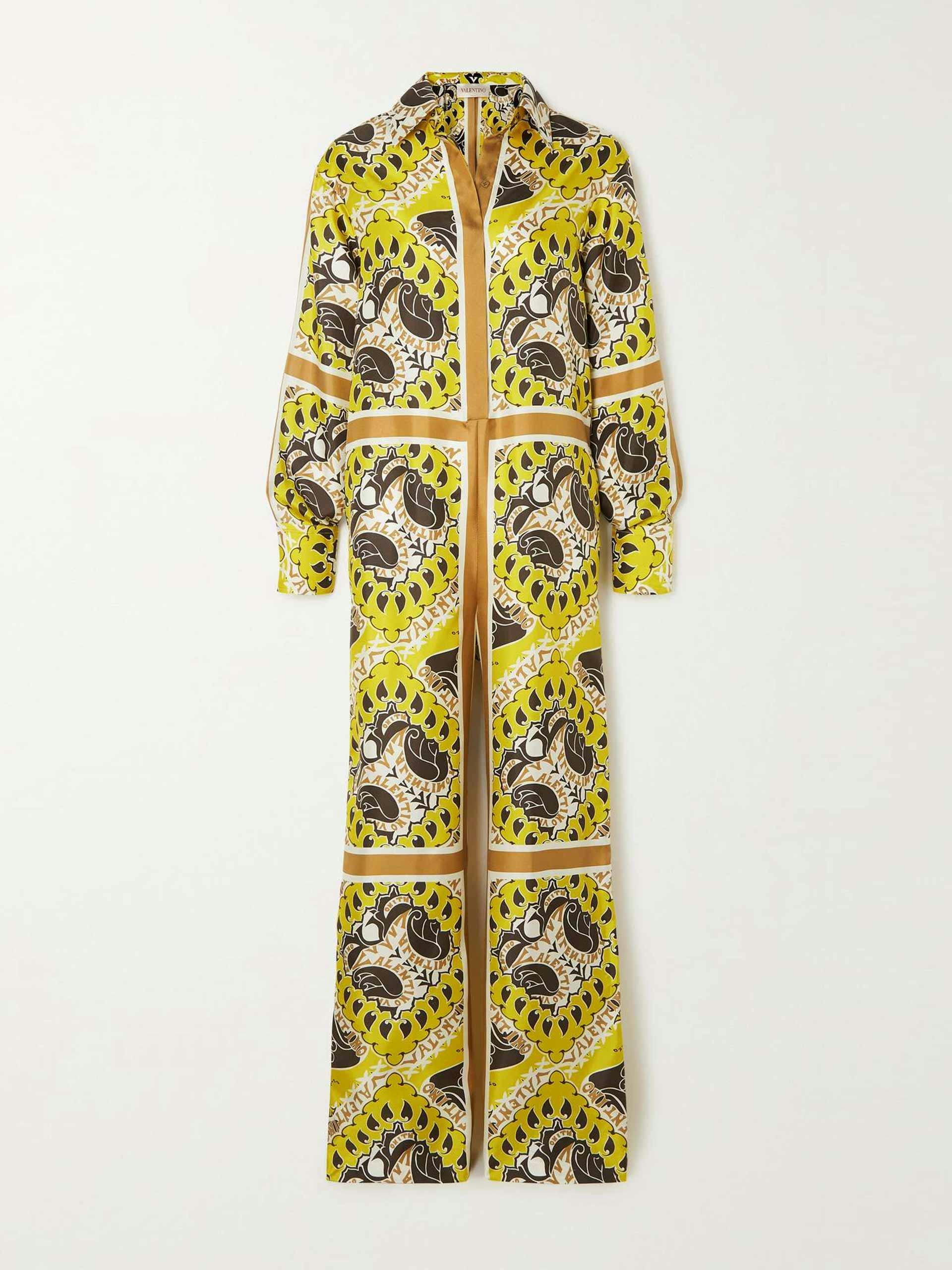 Retro-patterned silk twill jumpsuit
